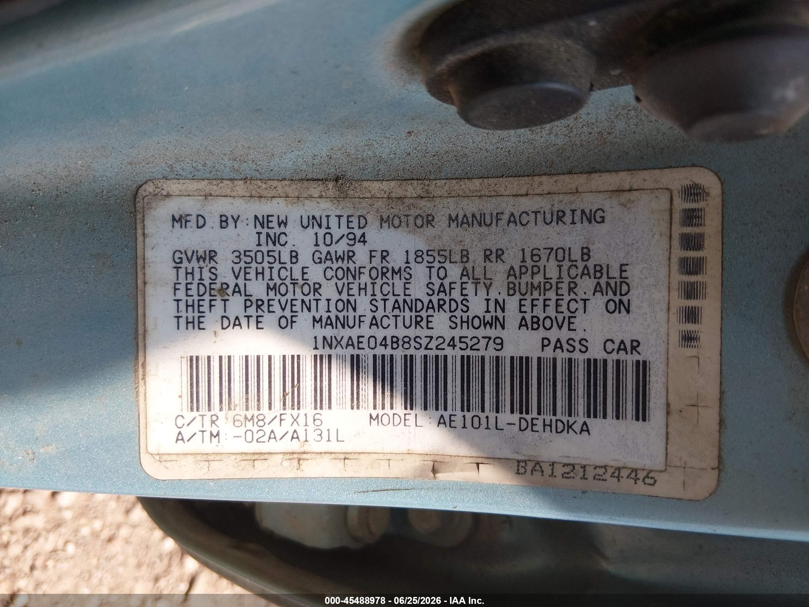 1995 Toyota Corolla   Light Blue vin: 1NXAE04B8SZ245279
