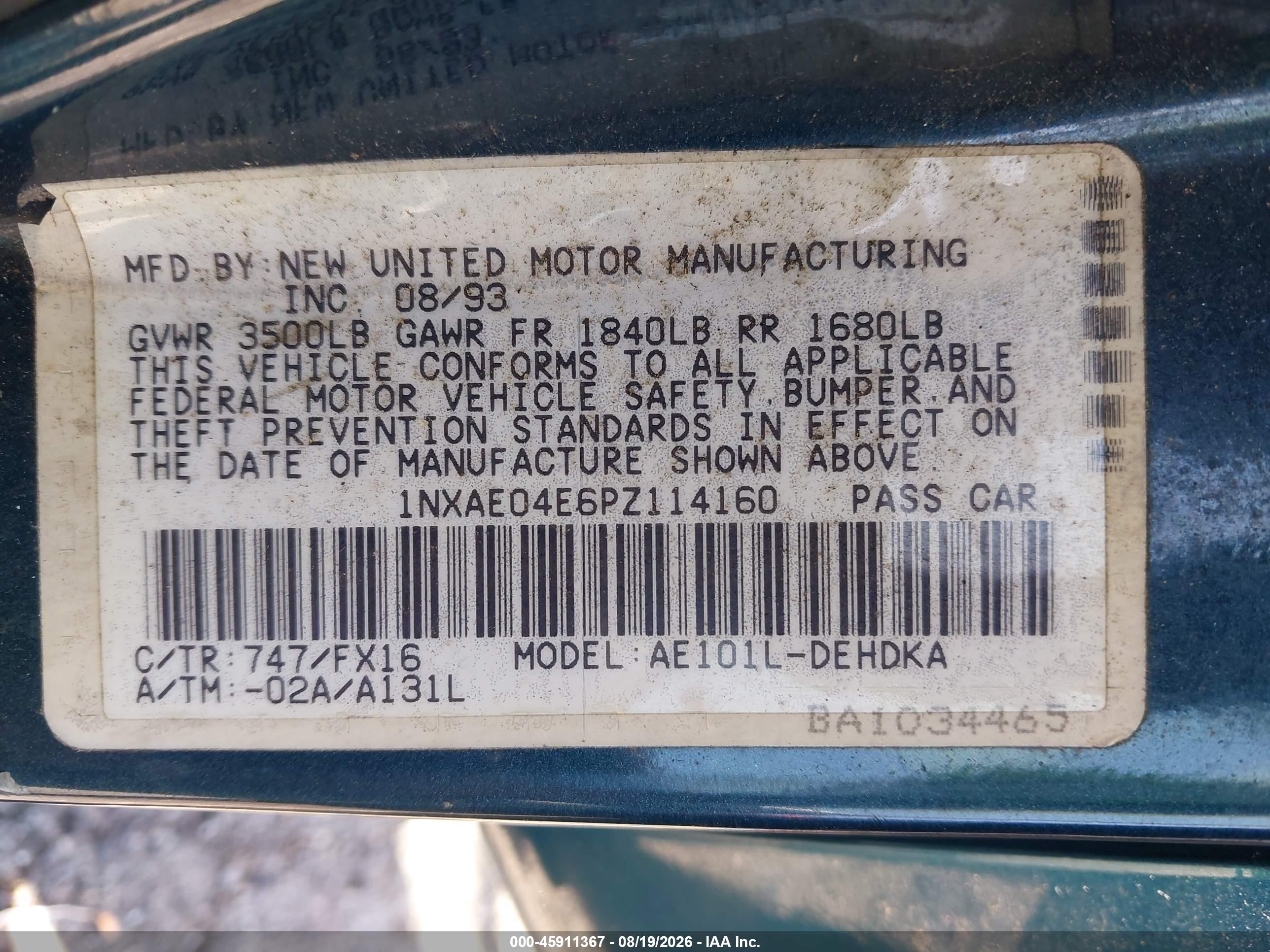 1993 Toyota Corolla   Blue vin: 1NXAE04E6PZ114160