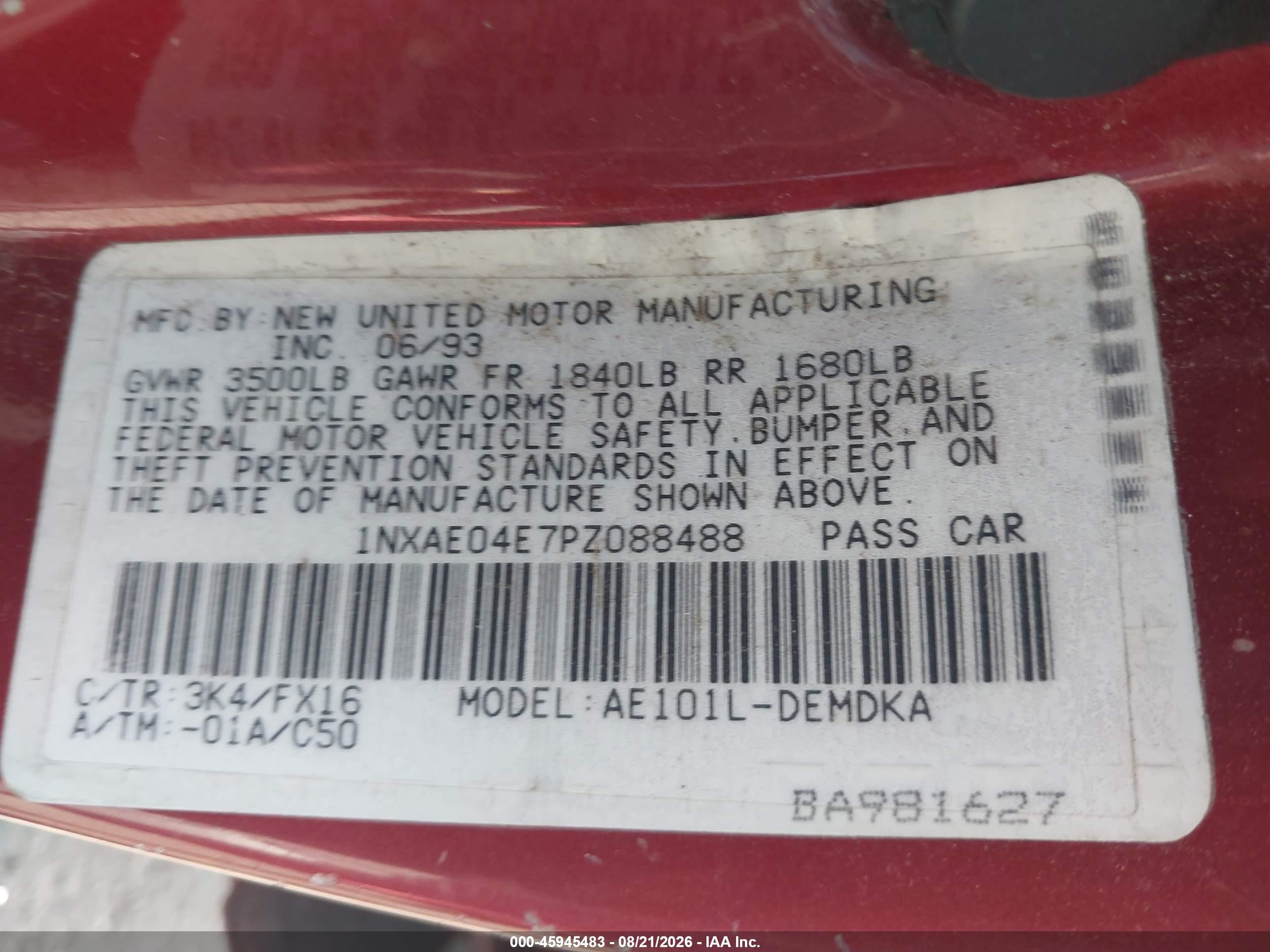 1993 Toyota Corolla   Red vin: 1NXAE04E7PZ088488