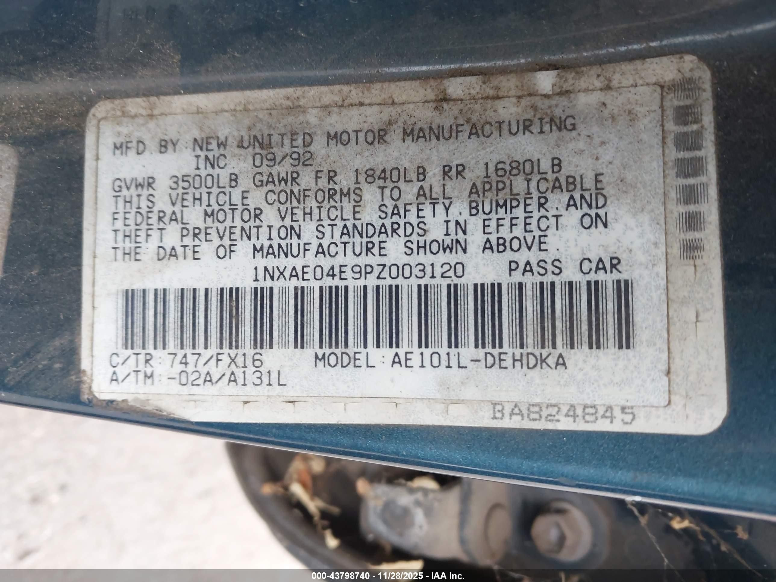 1993 Toyota Corolla   Синий vin: 1NXAE04E9PZ003120