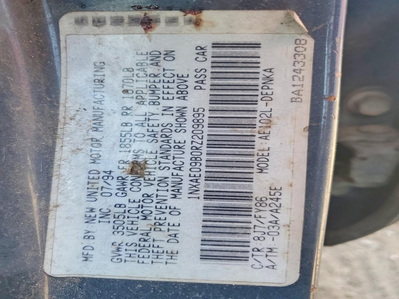 1994 Toyota Corolla Dx Blue vin: 1NXAE09B0RZ209895