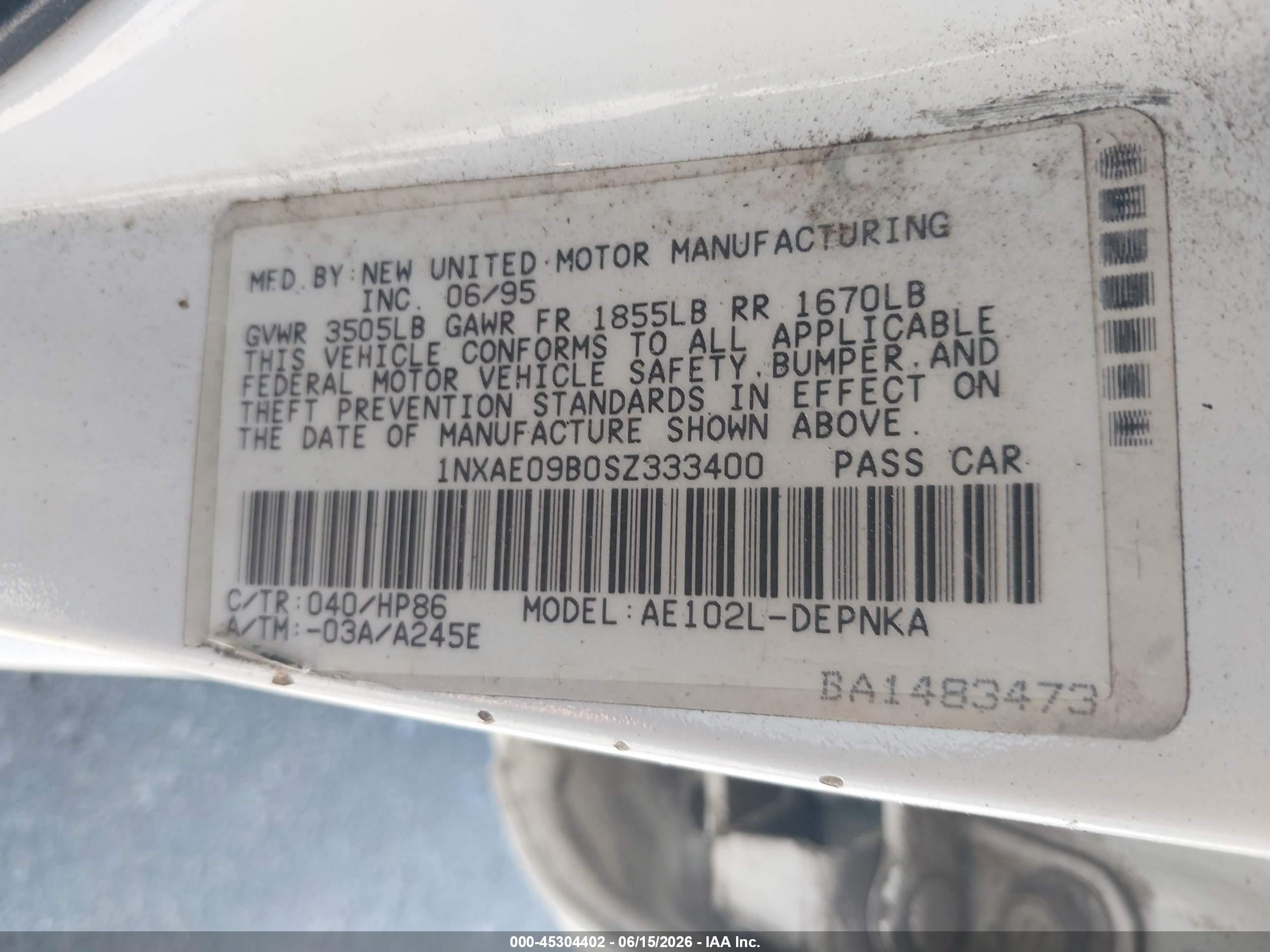 1995 Toyota Corolla Le/dx White vin: 1NXAE09B0SZ333400