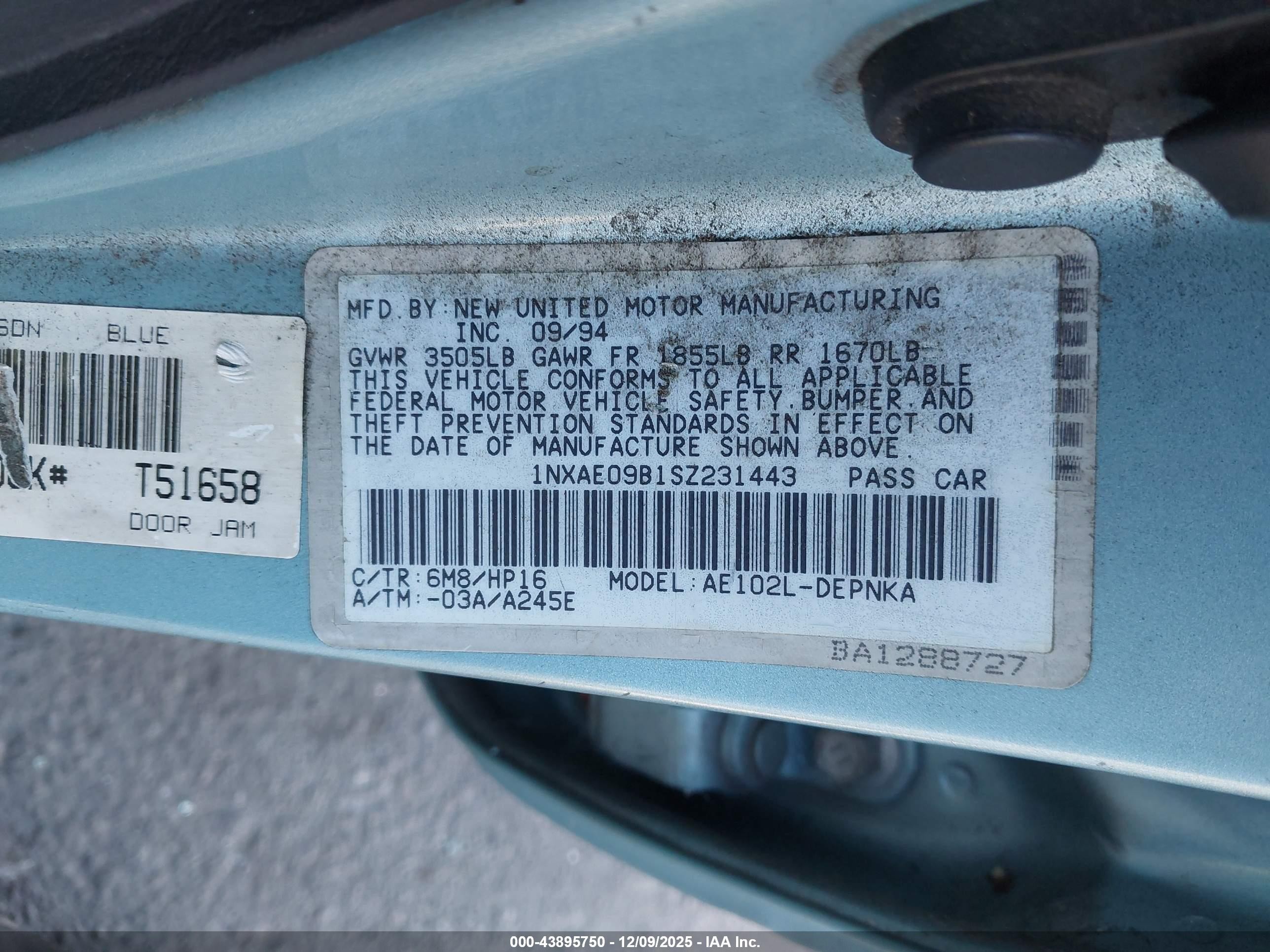 1995 Toyota Corolla Le/dx Teal vin: 1NXAE09B1SZ231443
