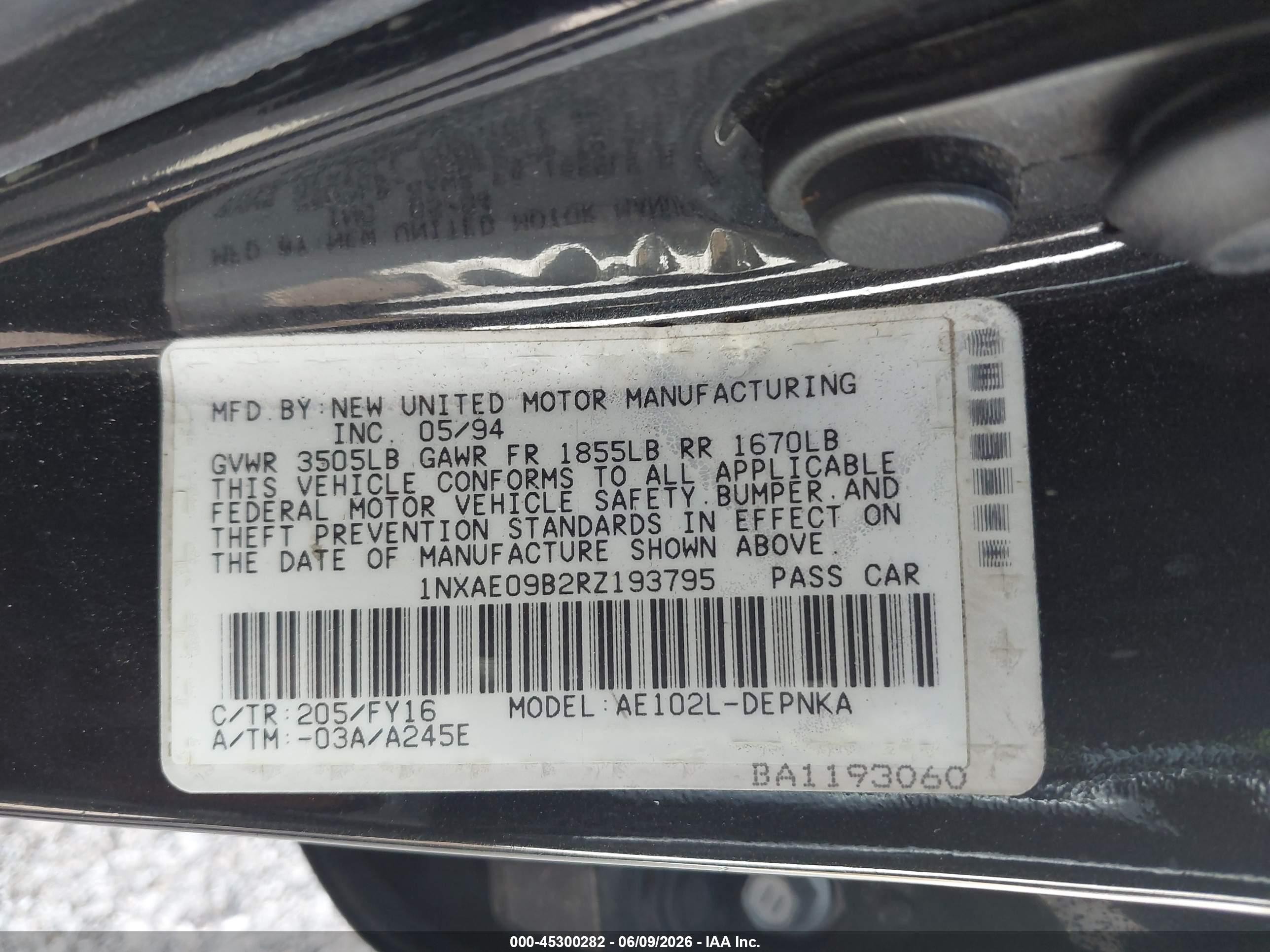 1994 Toyota Corolla Le/dx Black vin: 1NXAE09B2RZ193795