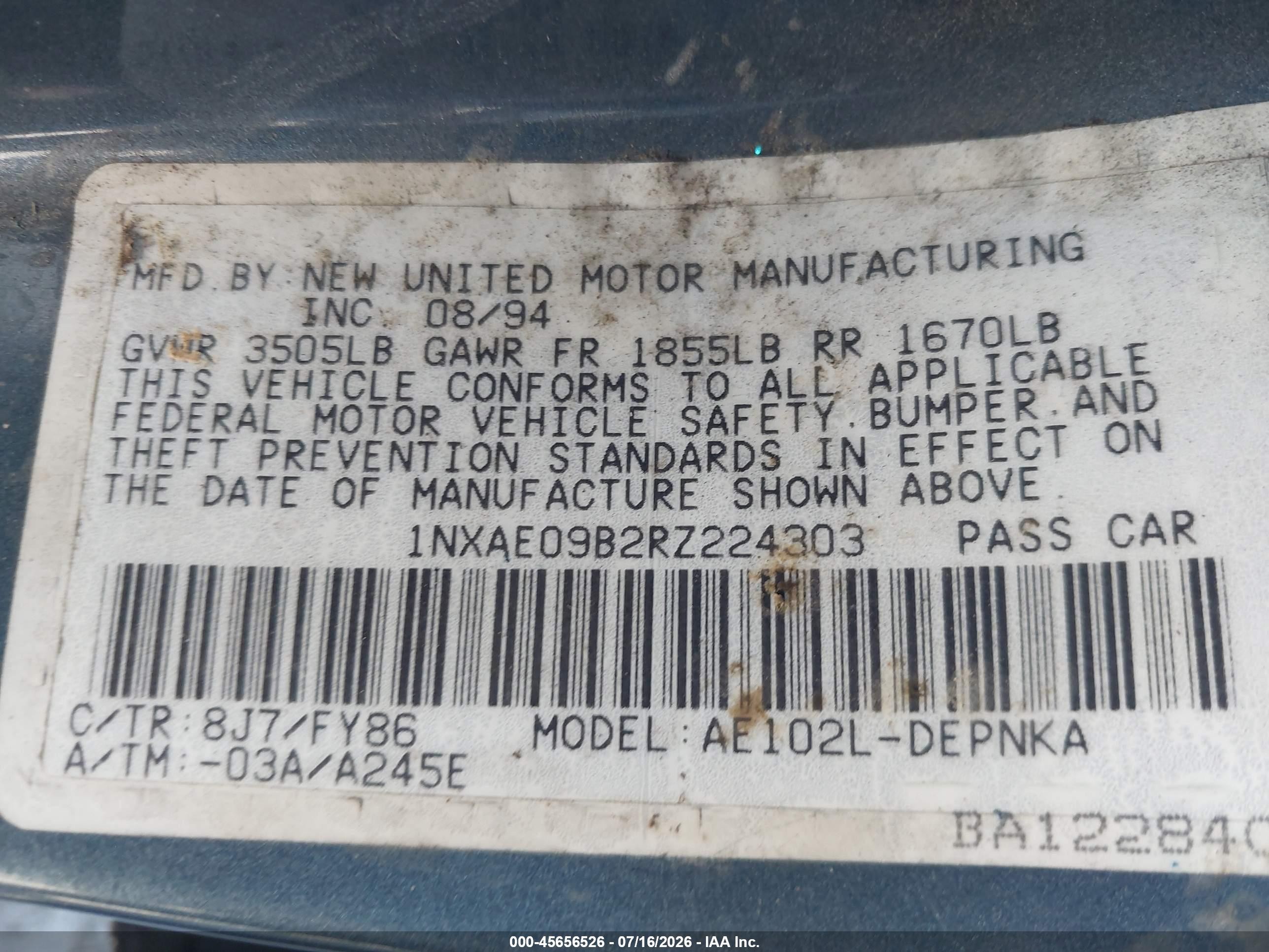1994 Toyota Corolla Le/dx Blue vin: 1NXAE09B2RZ224303