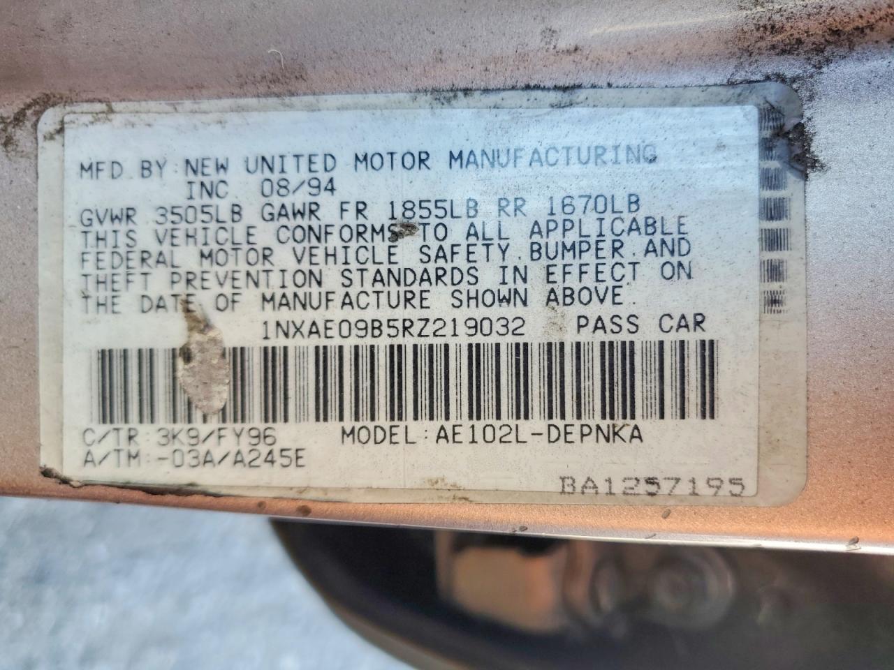 1994 Toyota Corolla Dx Gray vin: 1NXAE09B5RZ219032