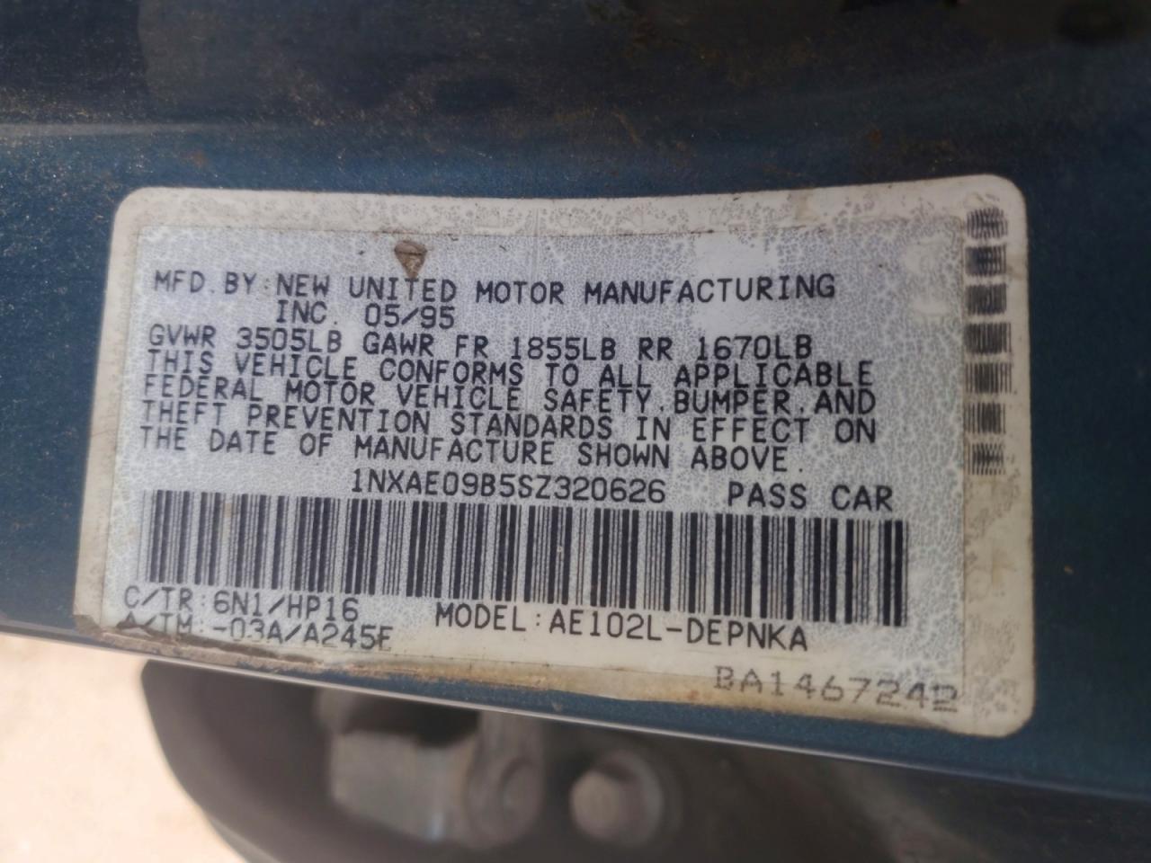 1995 Toyota Corolla Dx Blue vin: 1NXAE09B5SZ320626