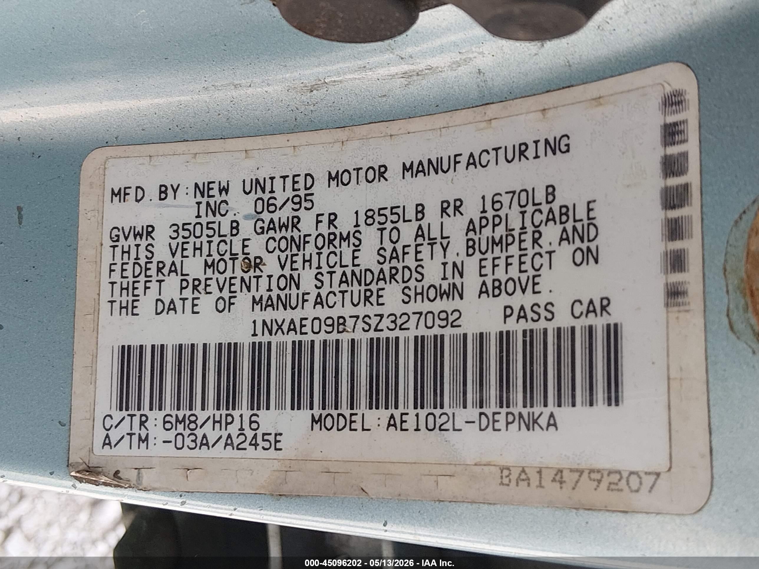 1995 Toyota Corolla Le/dx Teal vin: 1NXAE09B7SZ327092