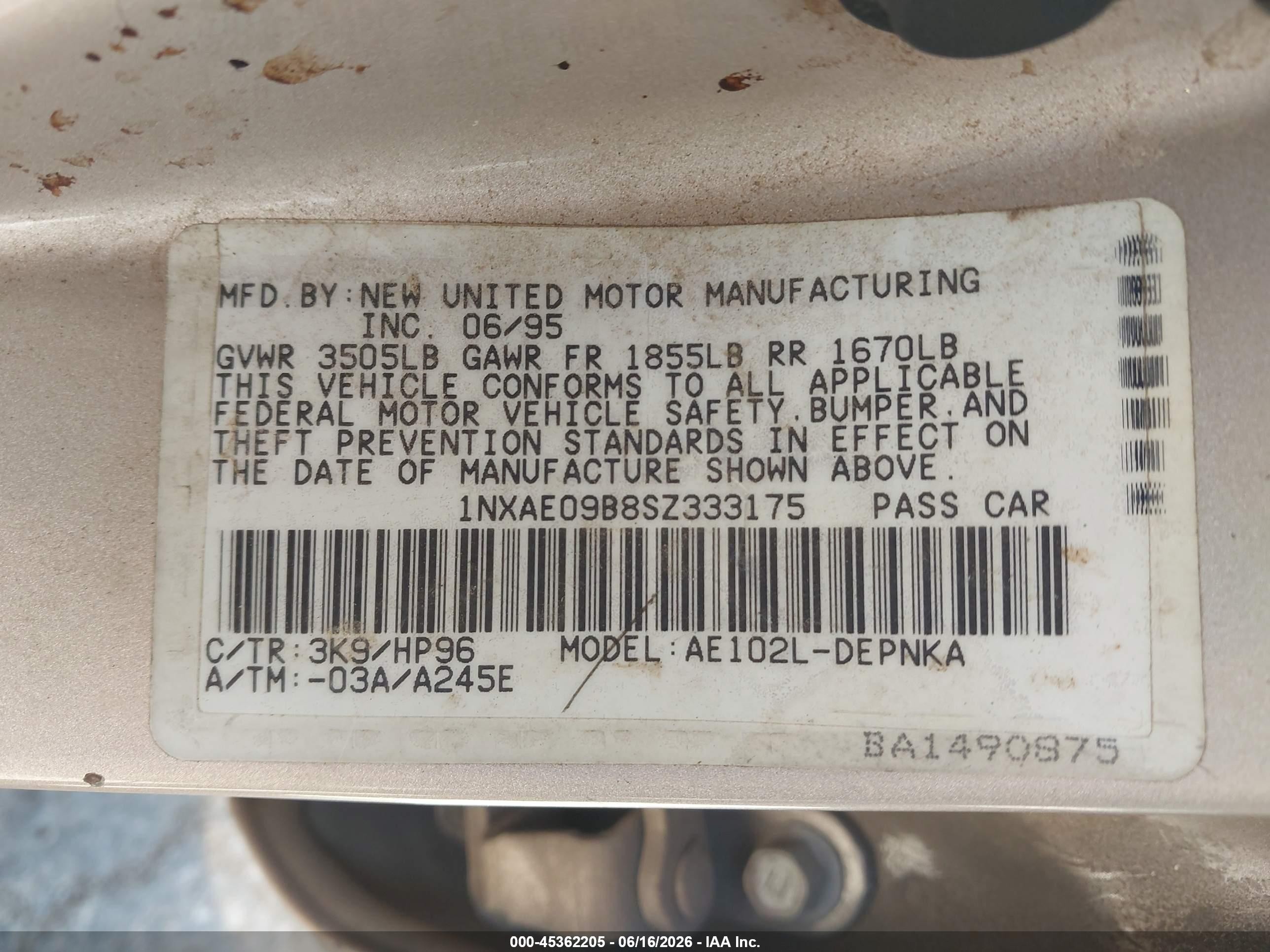 1995 Toyota Corolla Le/dx Beige vin: 1NXAE09B8SZ333175