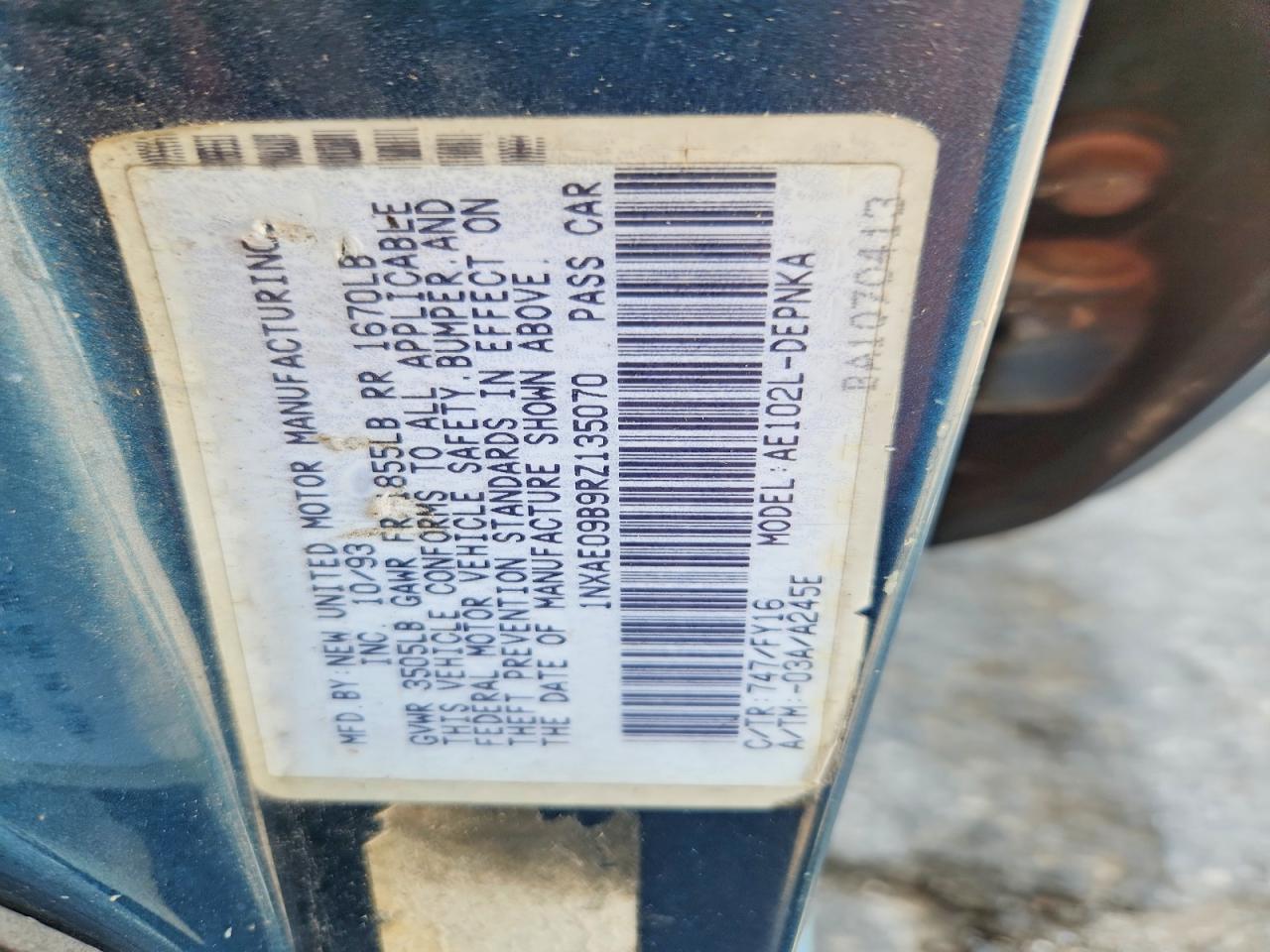 1994 Toyota Corolla Dx Teal vin: 1NXAE09B9RZ135070