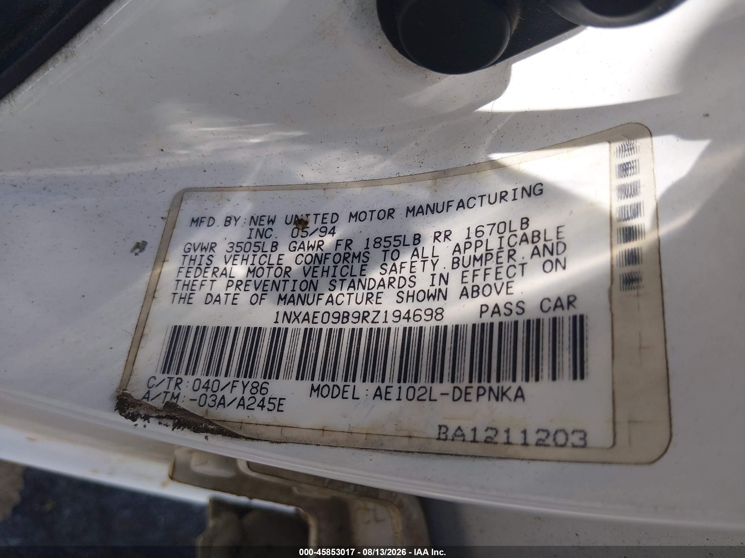 1994 Toyota Corolla Le/dx White vin: 1NXAE09B9RZ194698