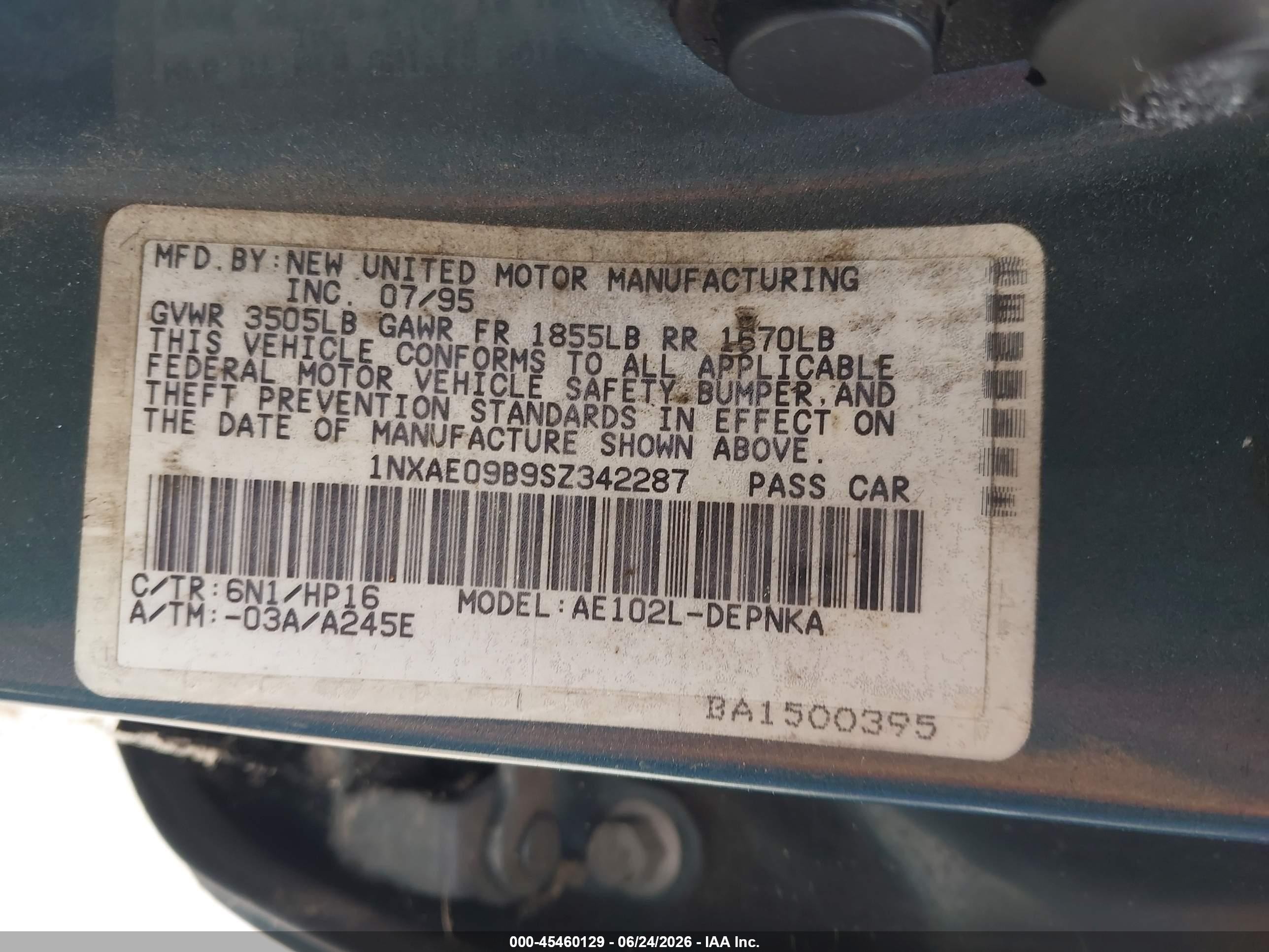 1995 Toyota Corolla Le/dx Blue vin: 1NXAE09B9SZ342287