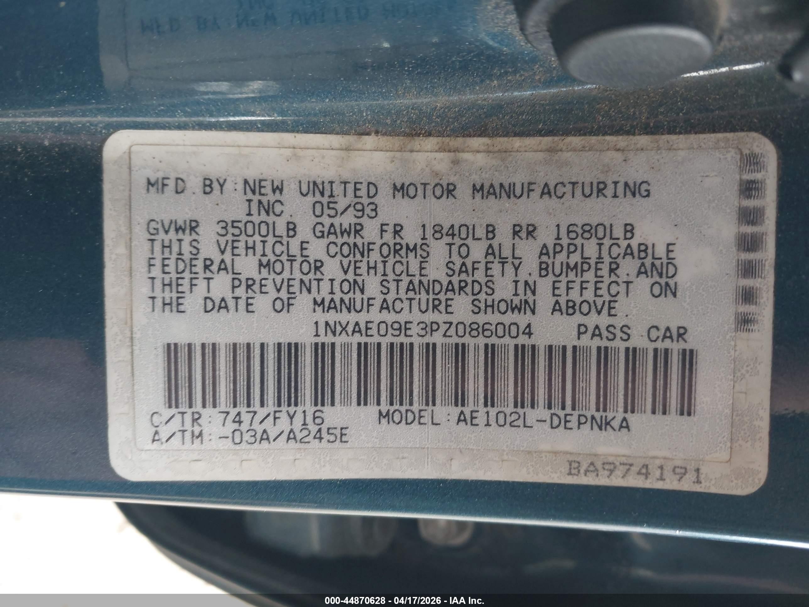 1993 Toyota Corolla Le/dx Green vin: 1NXAE09E3PZ086004