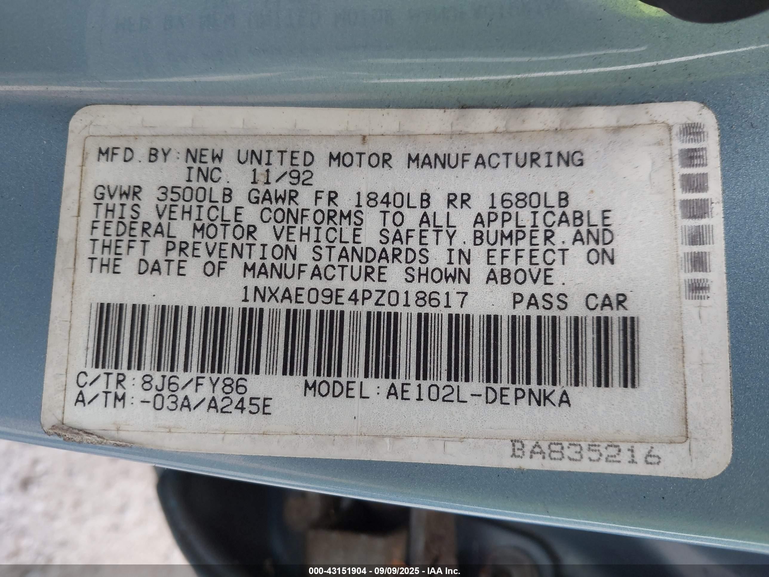 1993 Toyota Corolla Le/dx Бирюзовый vin: 1NXAE09E4PZ018617
