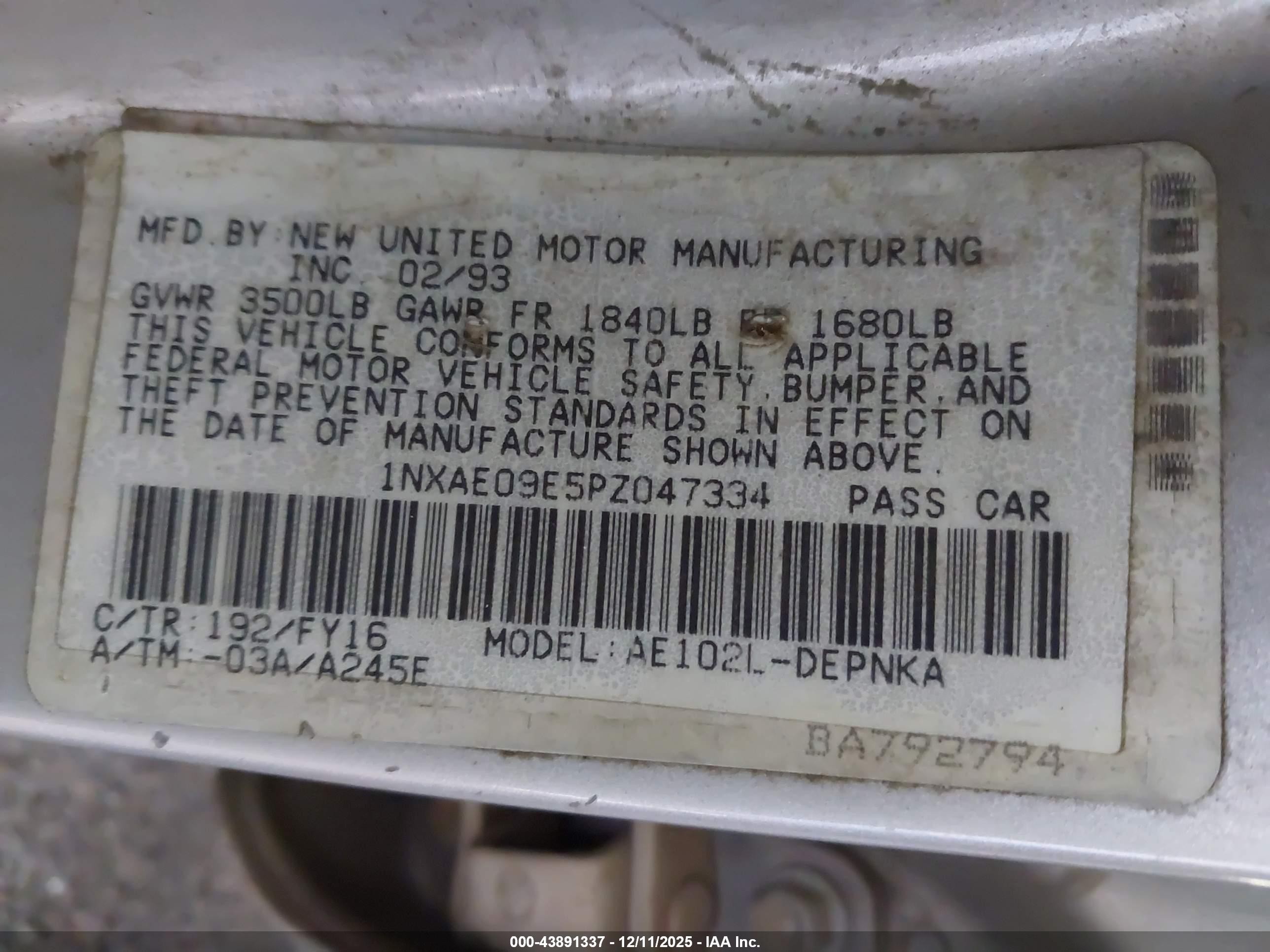 1993 Toyota Corolla Le/dx Silver vin: 1NXAE09E5PZ047334