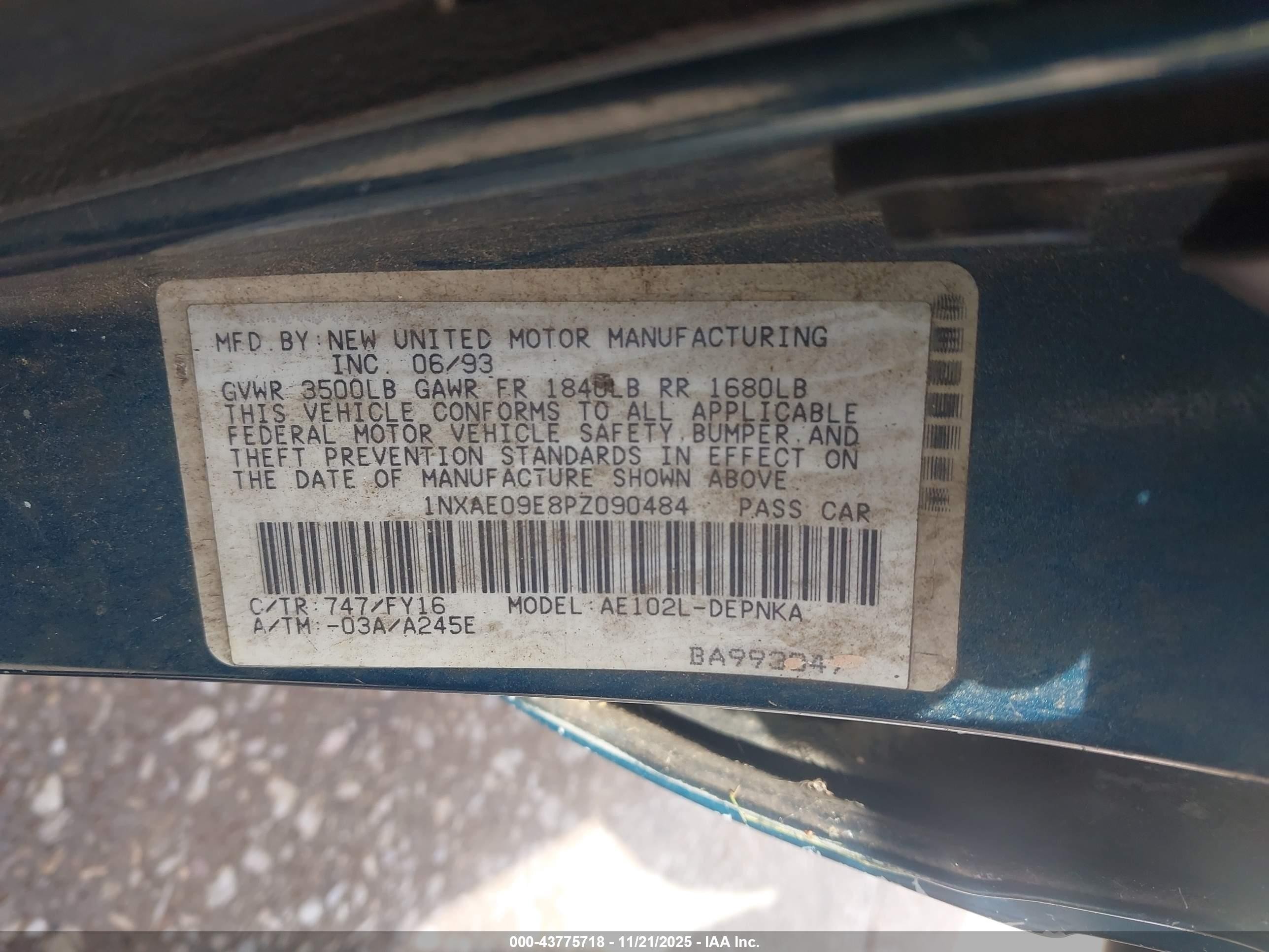 1993 Toyota Corolla Le/dx Blue vin: 1NXAE09E8PZ090484