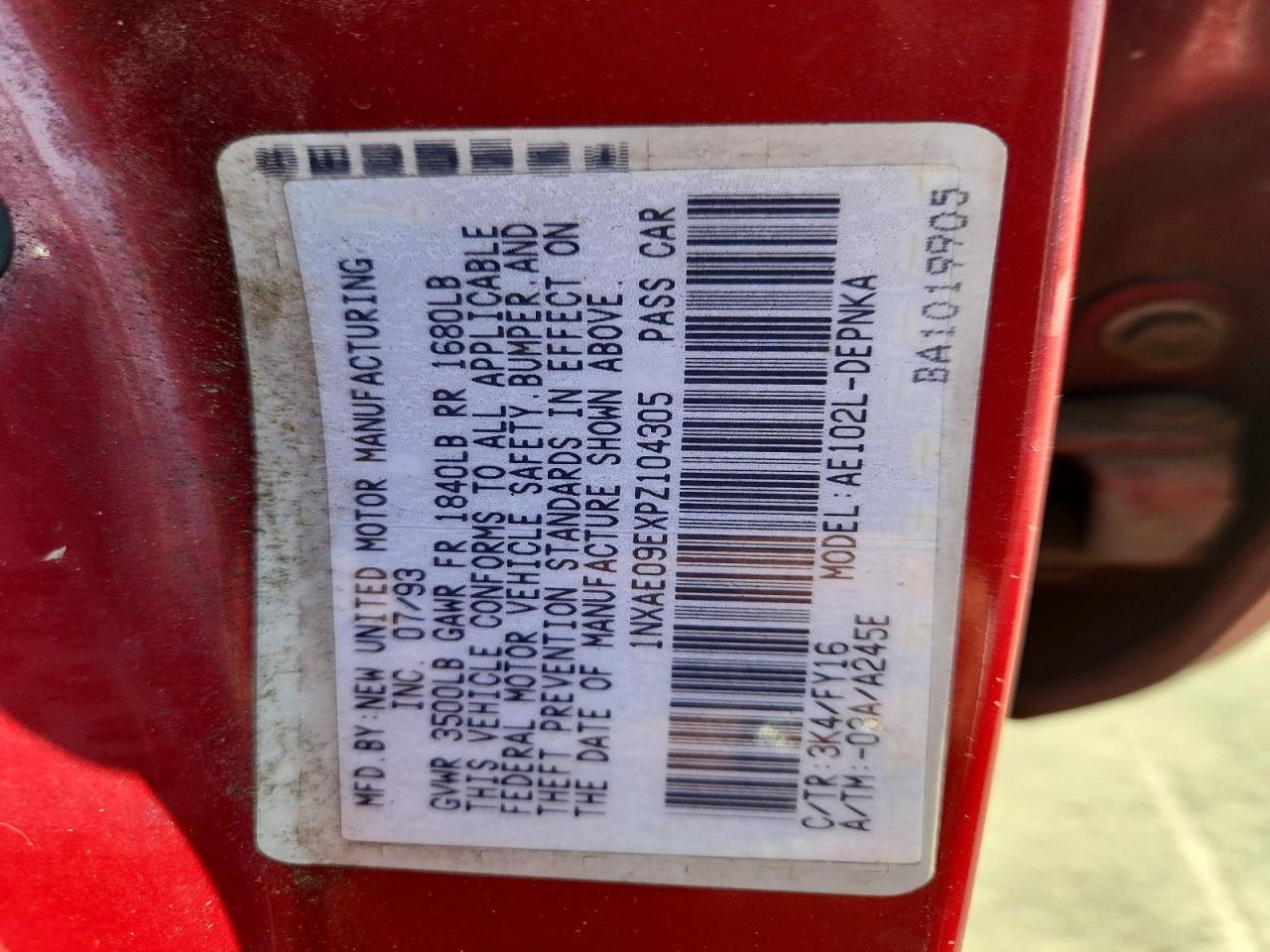 1993 Toyota Corolla Deluxe Red vin: 1NXAE09EXPZ104305