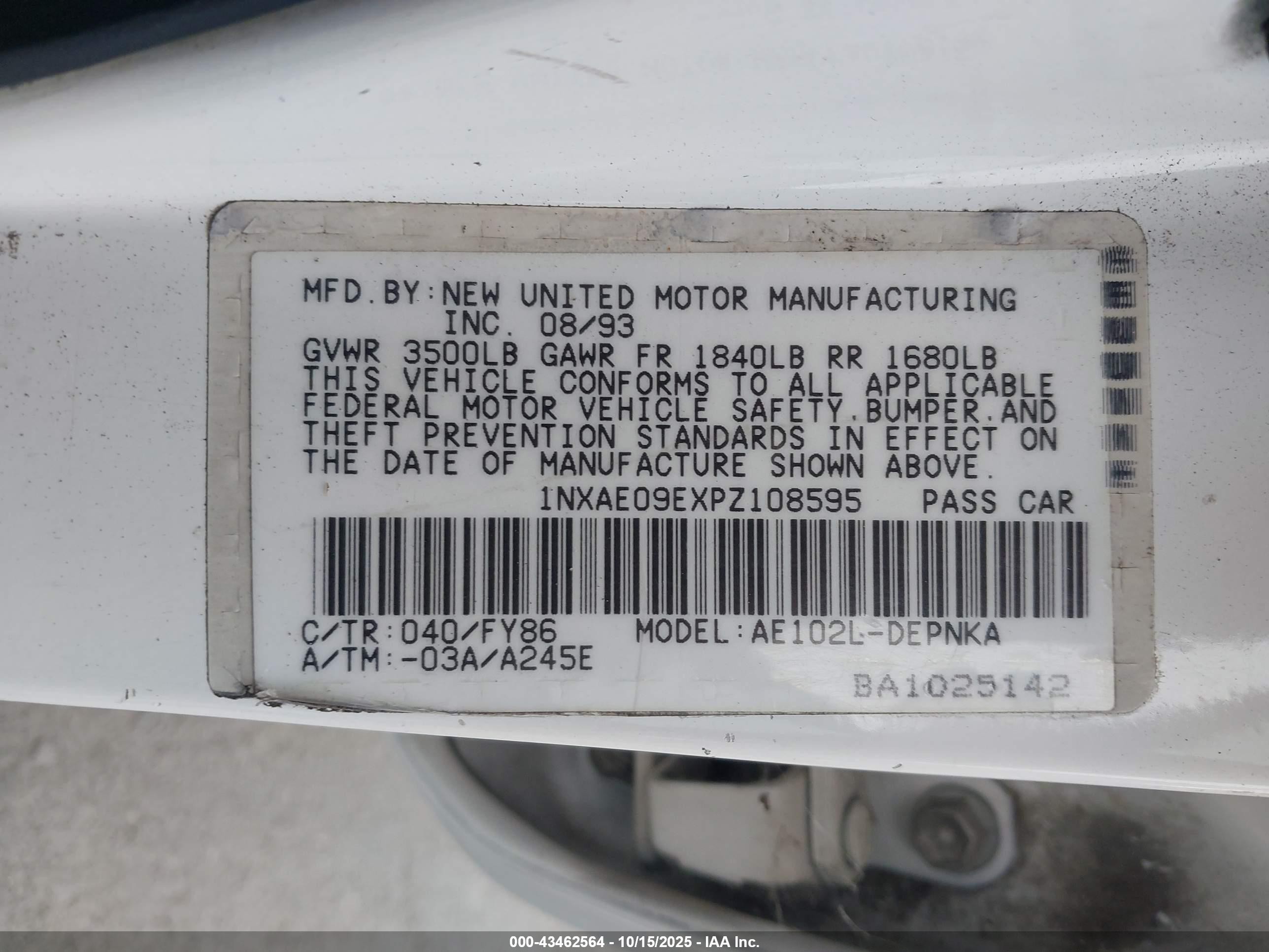 1993 Toyota Corolla Le/dx Белый vin: 1NXAE09EXPZ108595