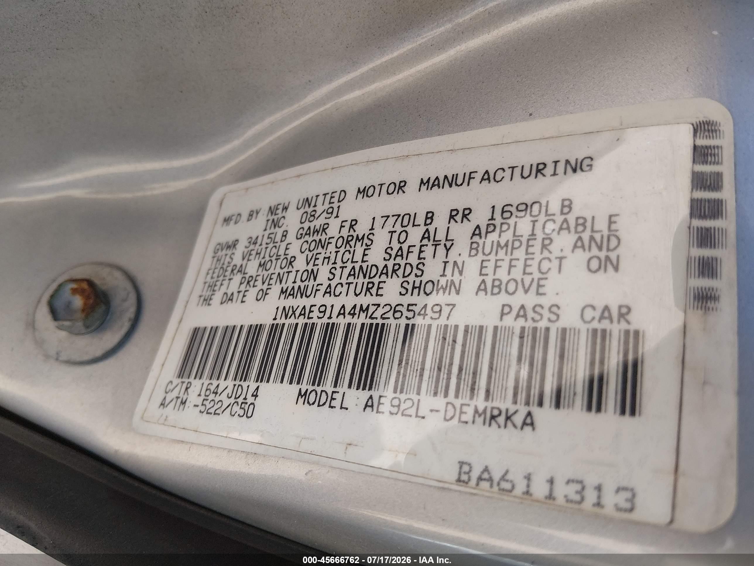 1991 Toyota Corolla   Silver vin: 1NXAE91A4MZ265497