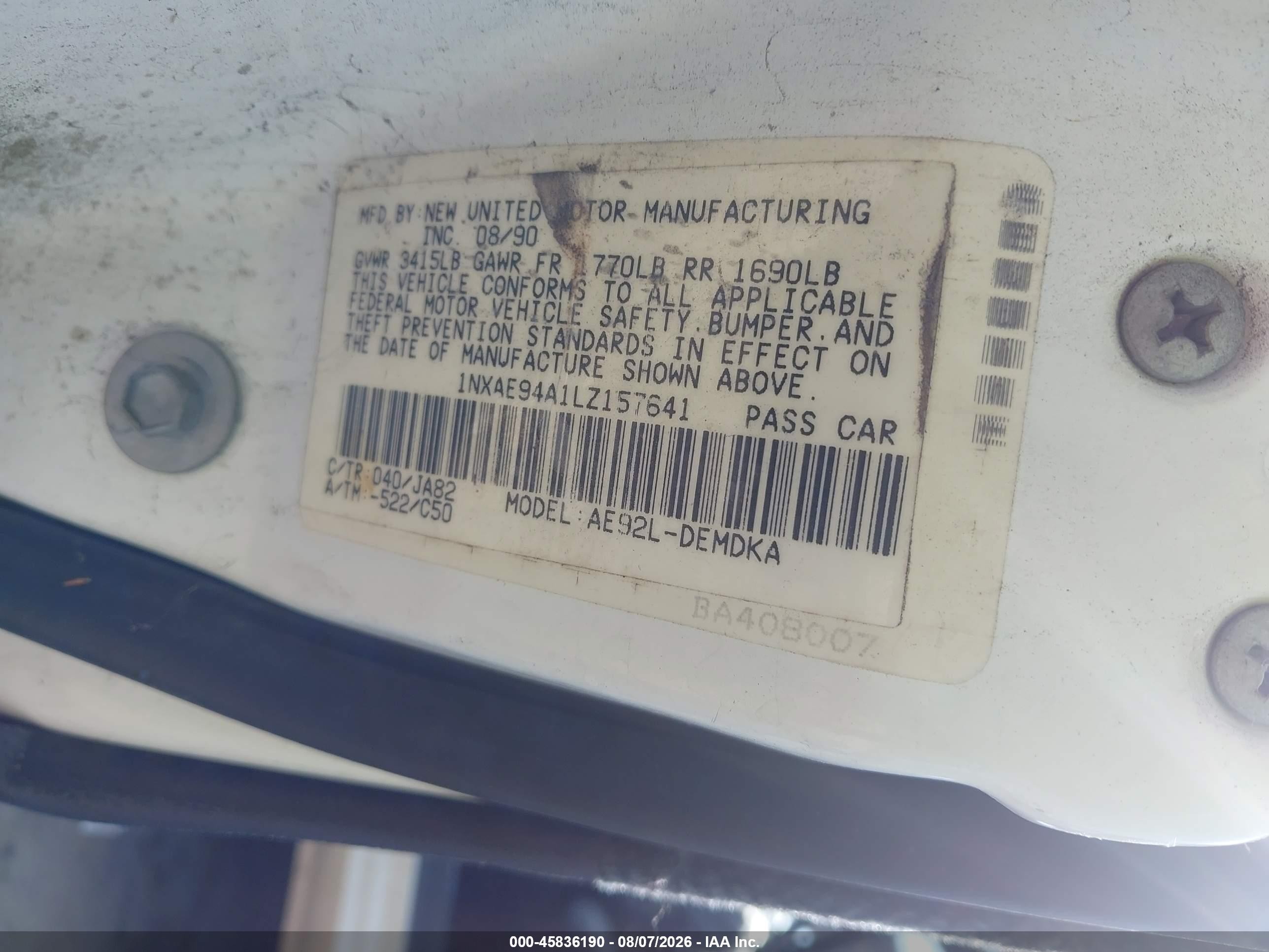 1990 Toyota Corolla Dlx White vin: 1NXAE94A1LZ157641