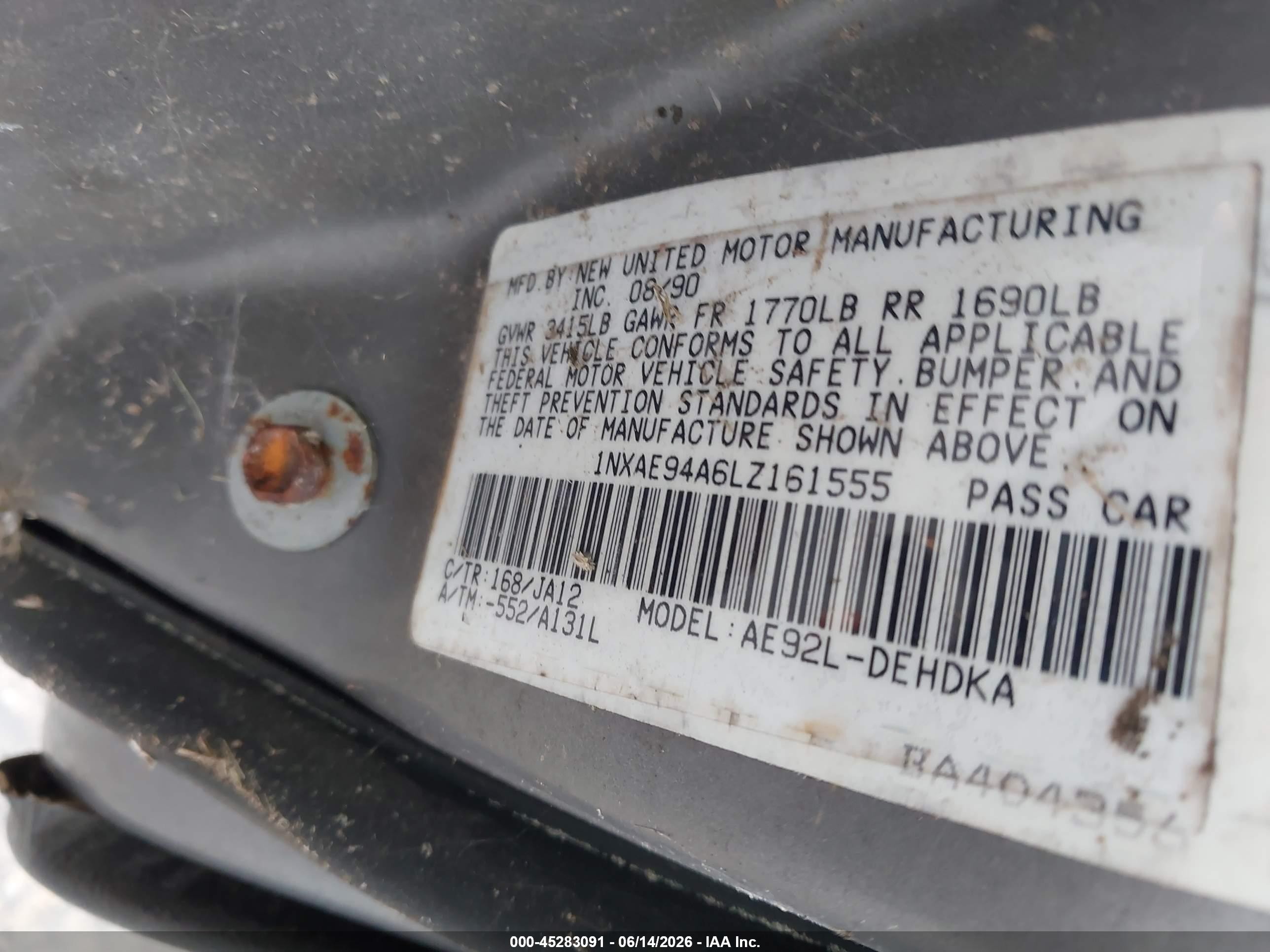 1990 Toyota Corolla Dlx Gray vin: 1NXAE94A6LZ161555