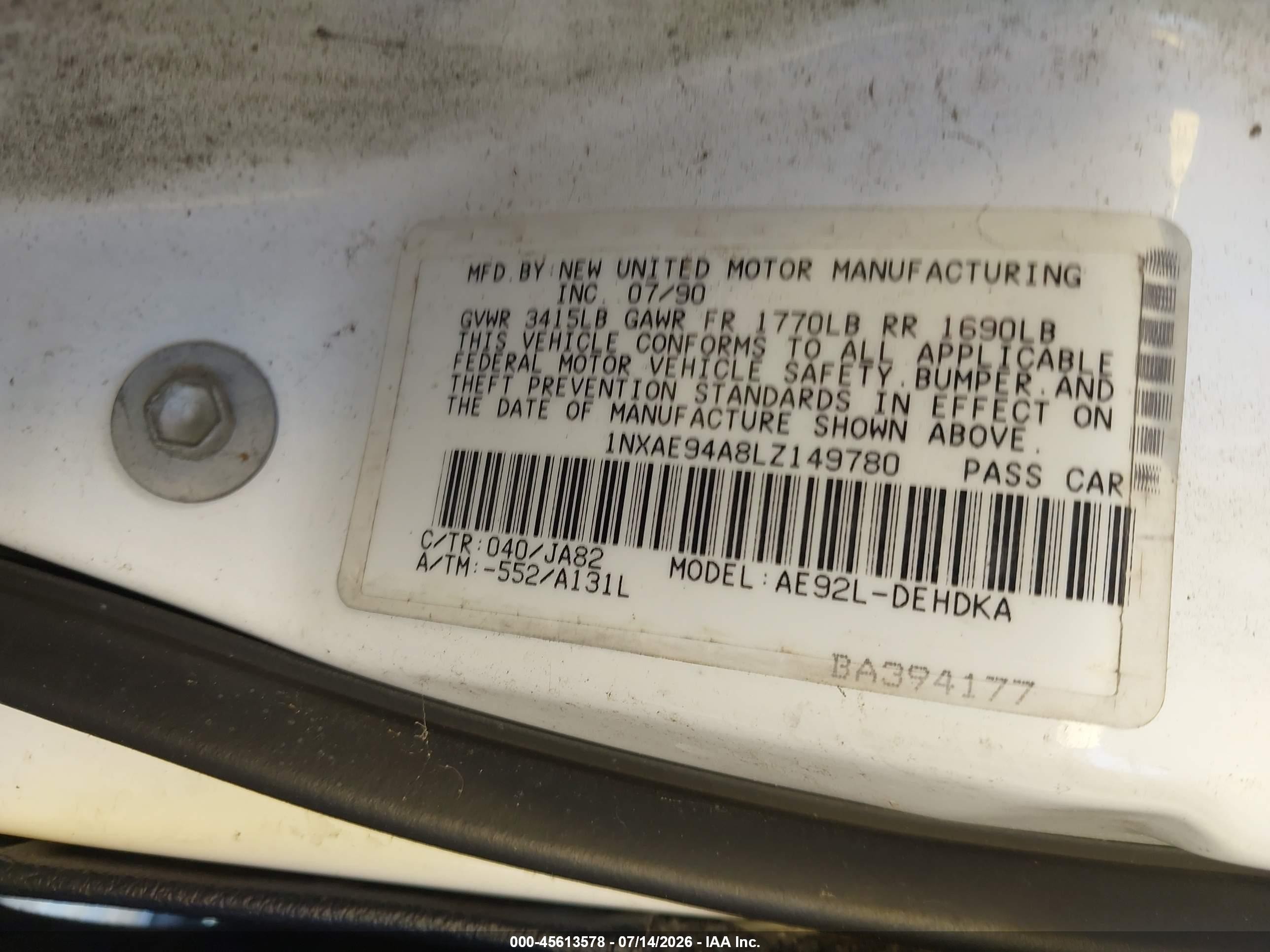 1990 Toyota Corolla Dlx White vin: 1NXAE94A8LZ149780