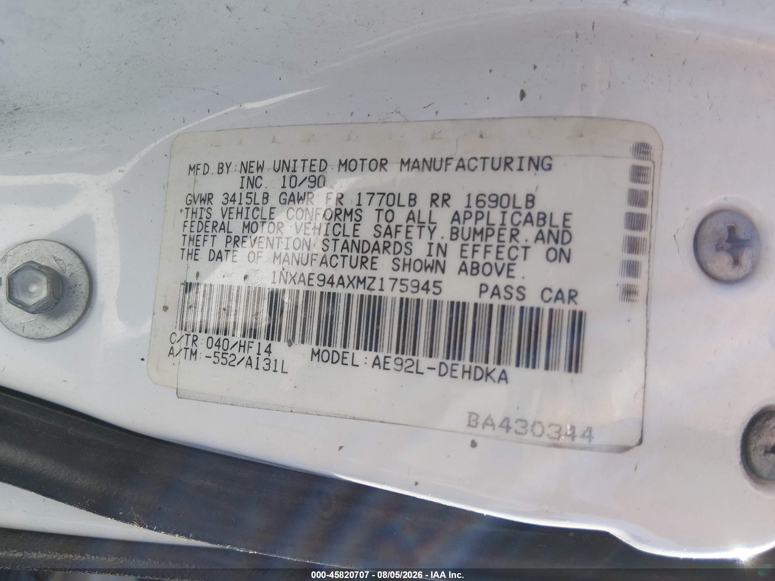 1991 Toyota Corolla Dlx White vin: 1NXAE94AXMZ175945