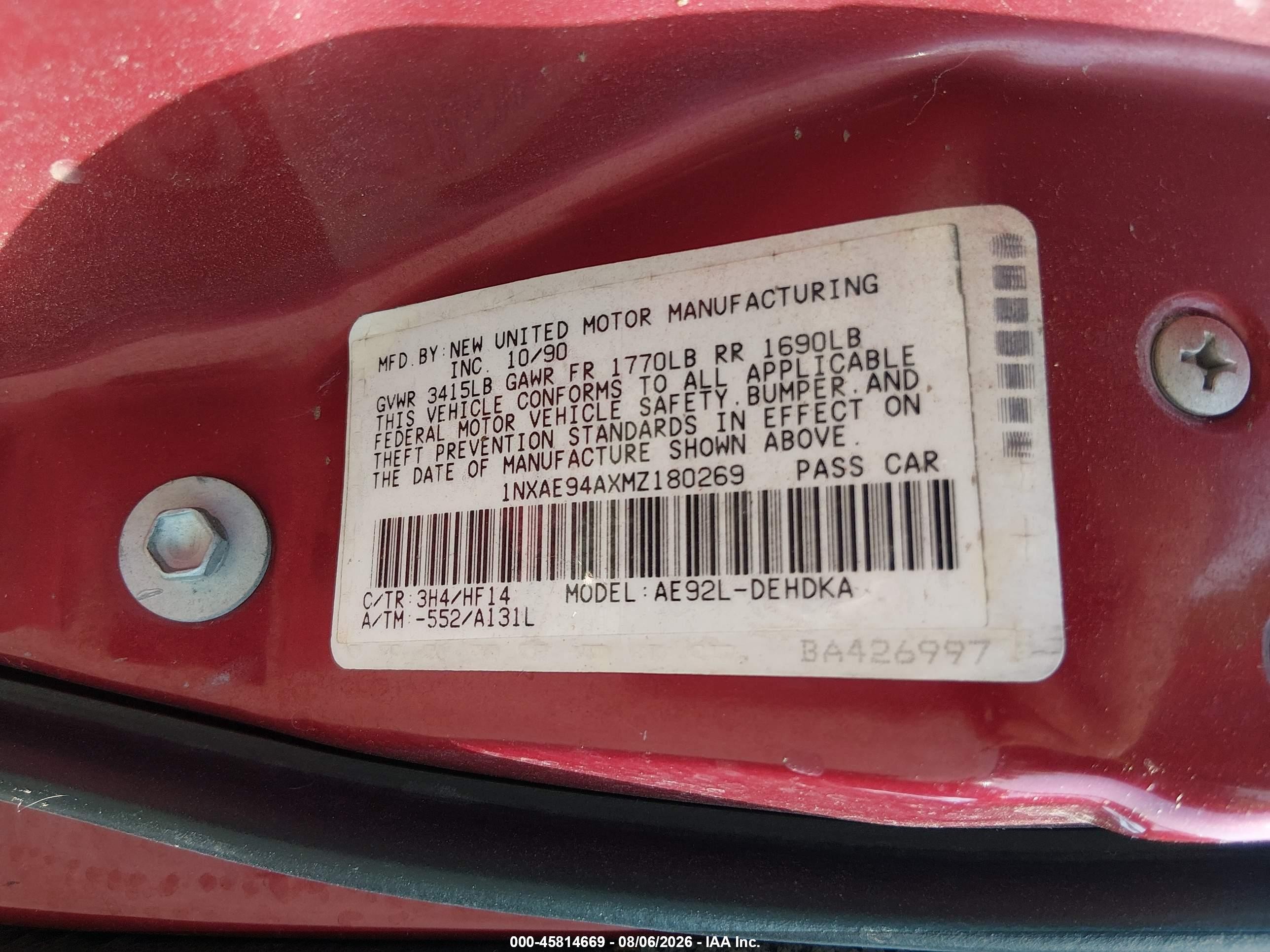 1991 Toyota Corolla Dlx Красный vin: 1NXAE94AXMZ180269