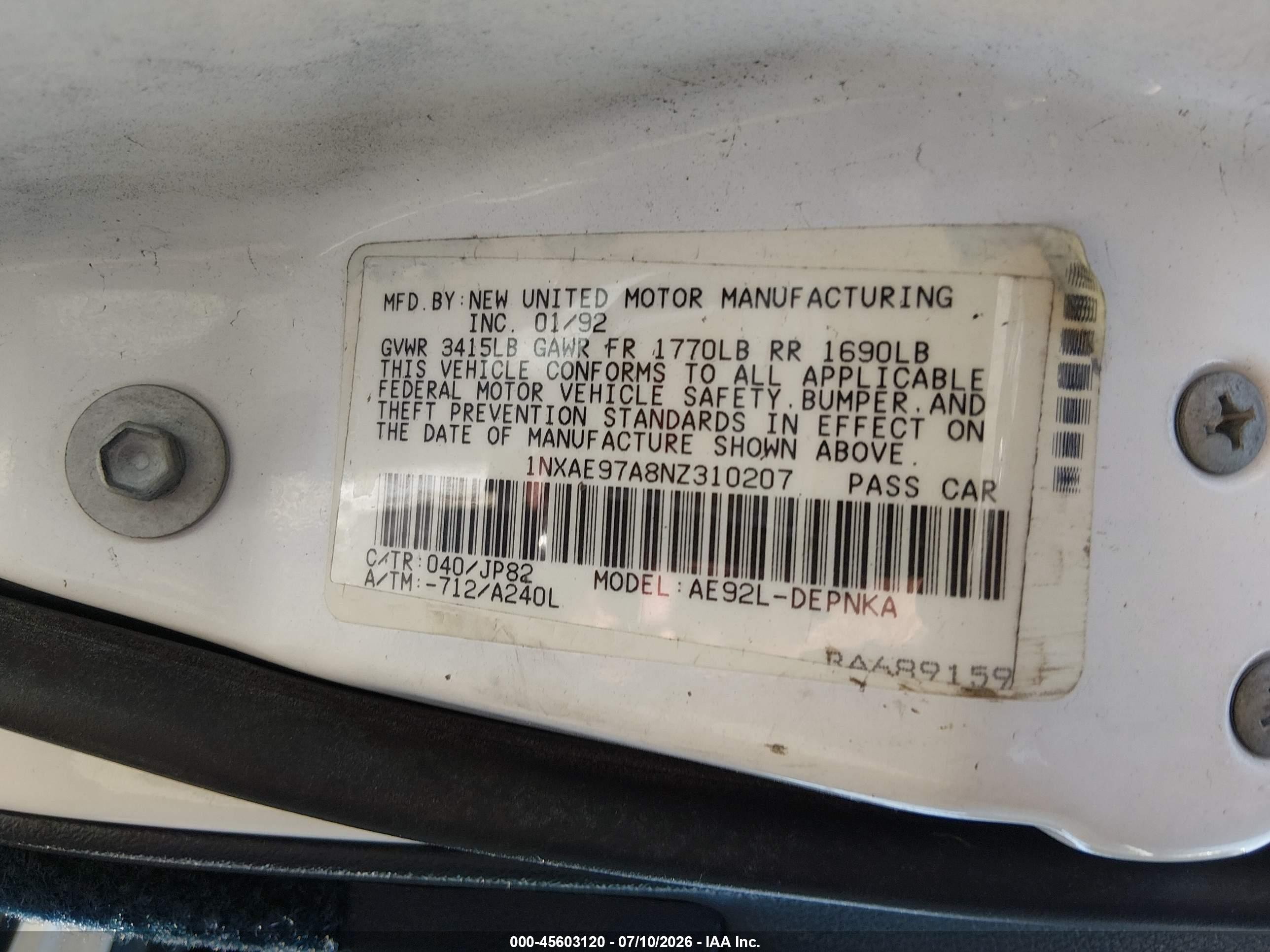 1992 Toyota Corolla Le/dlx White vin: 1NXAE97A8NZ310207