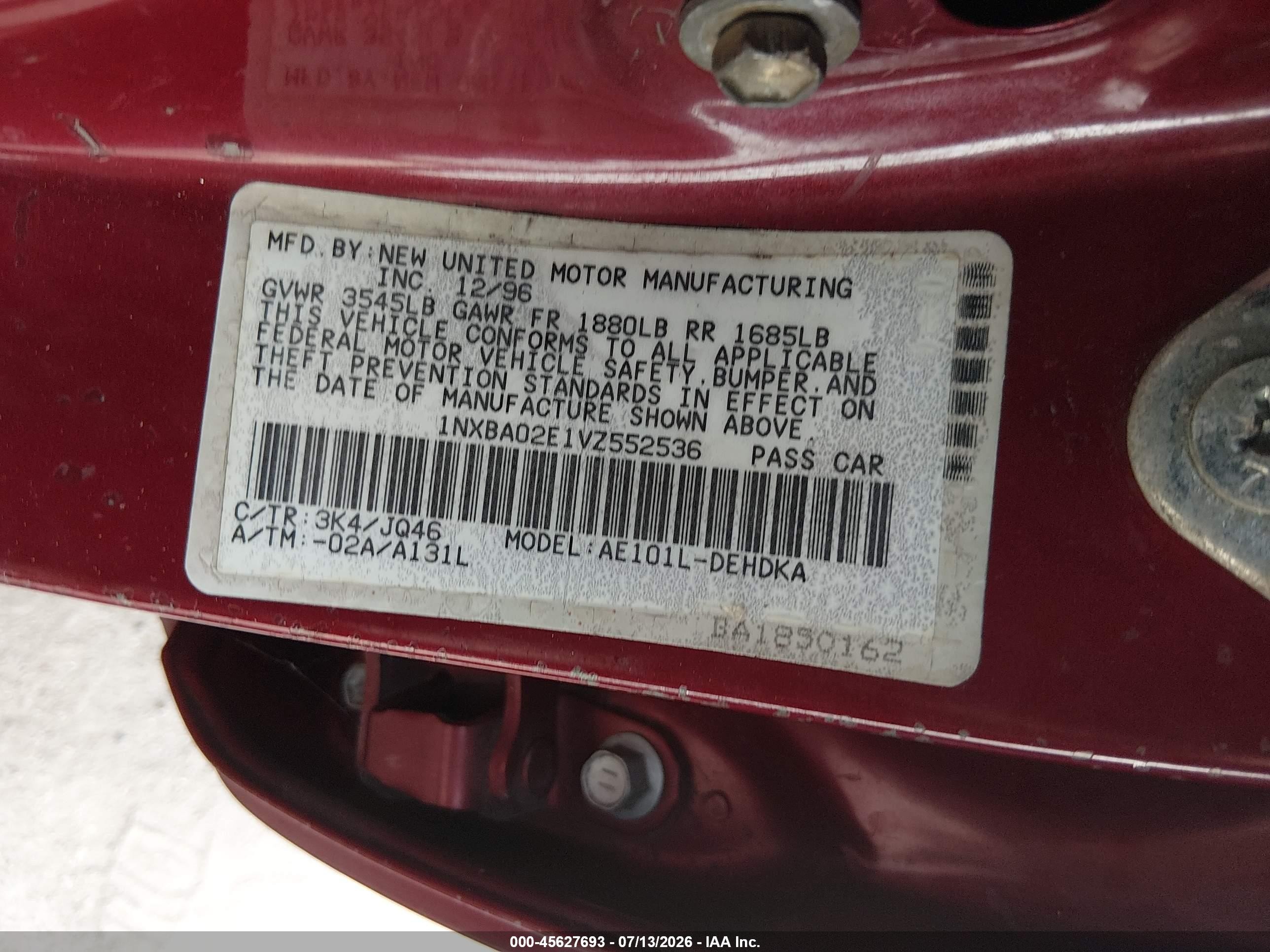1997 Toyota Corolla Ce Red vin: 1NXBA02E1VZ552536