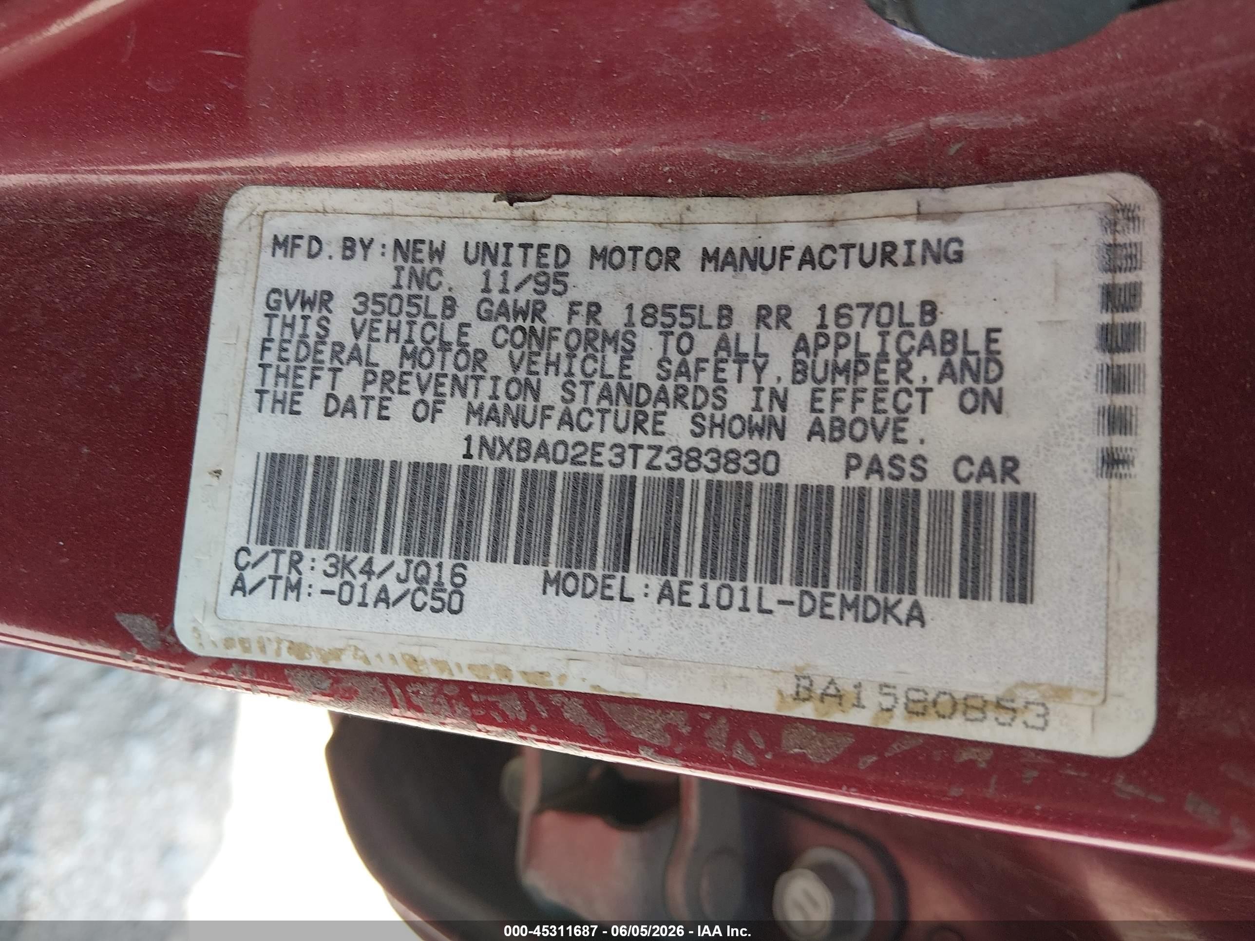 1996 Toyota Corolla   Red vin: 1NXBA02E3TZ383830