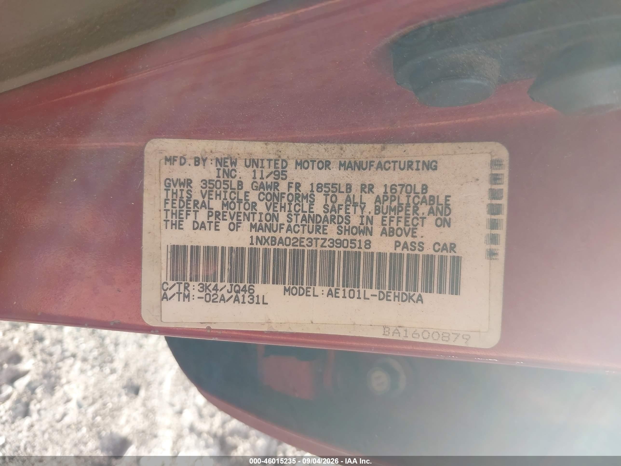 1996 Toyota Corolla   Красный vin: 1NXBA02E3TZ390518