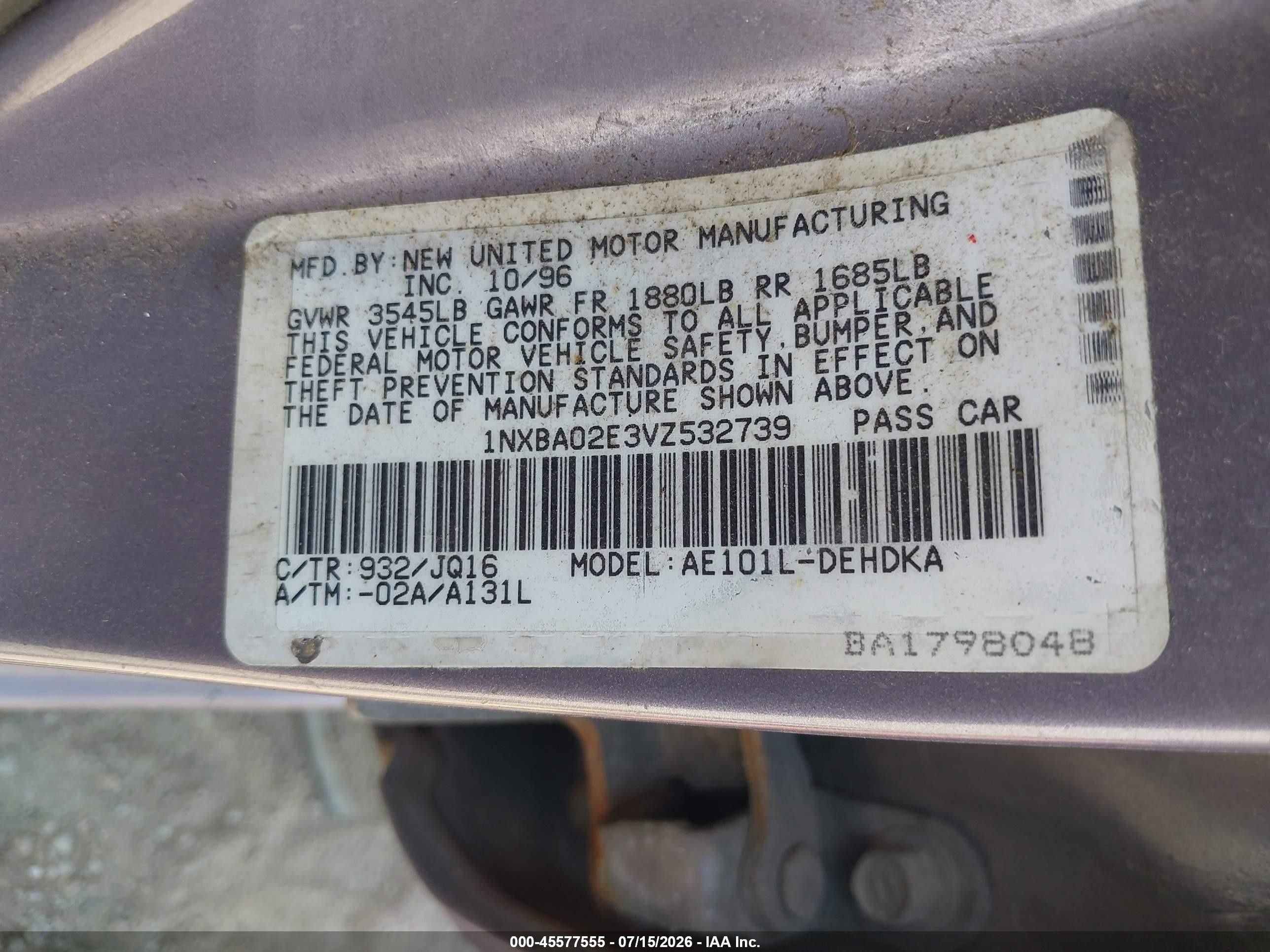 1997 Toyota Corolla Ce Серый vin: 1NXBA02E3VZ532739