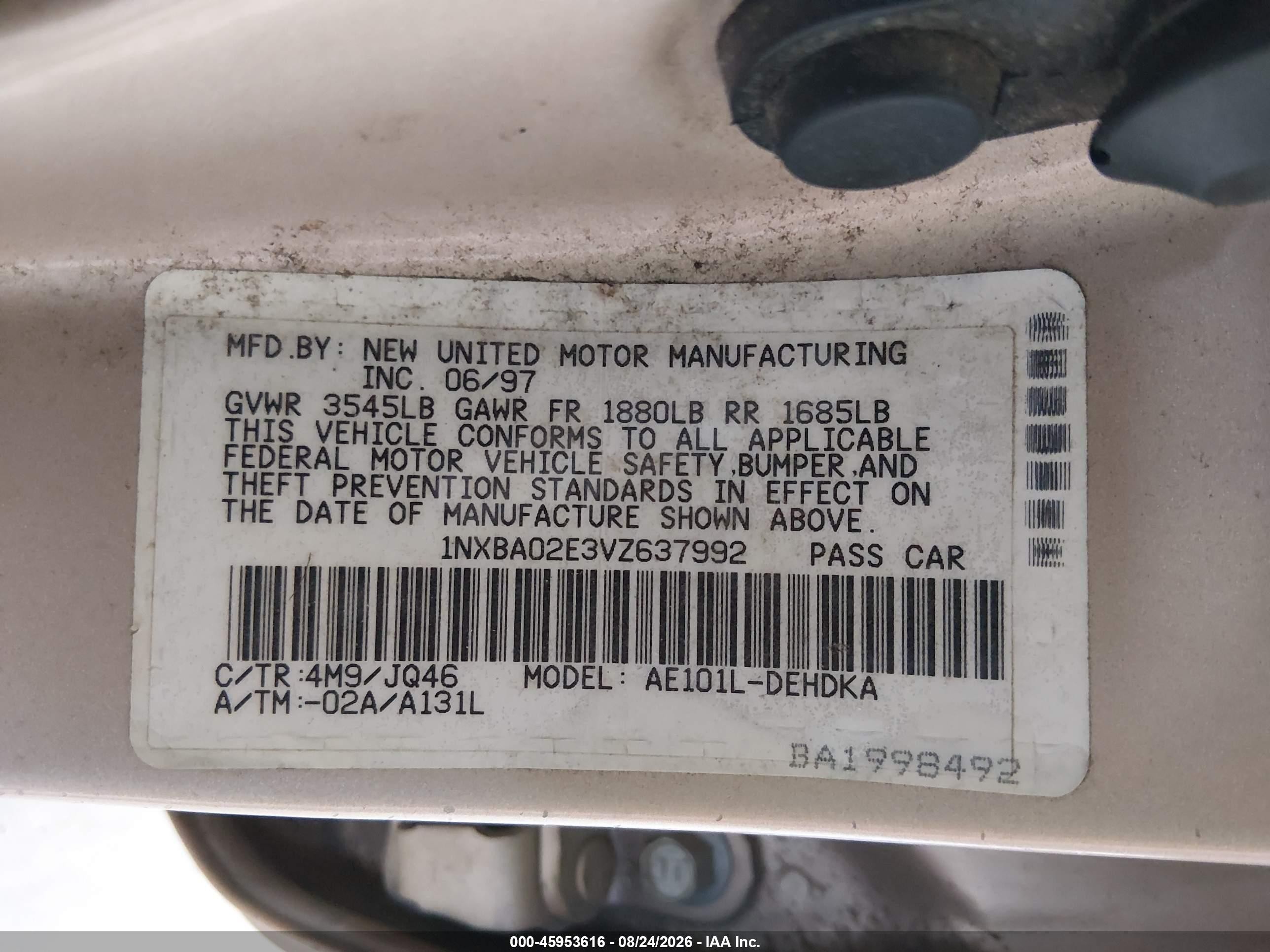 1997 Toyota Corolla Std Gold vin: 1NXBA02E3VZ637992