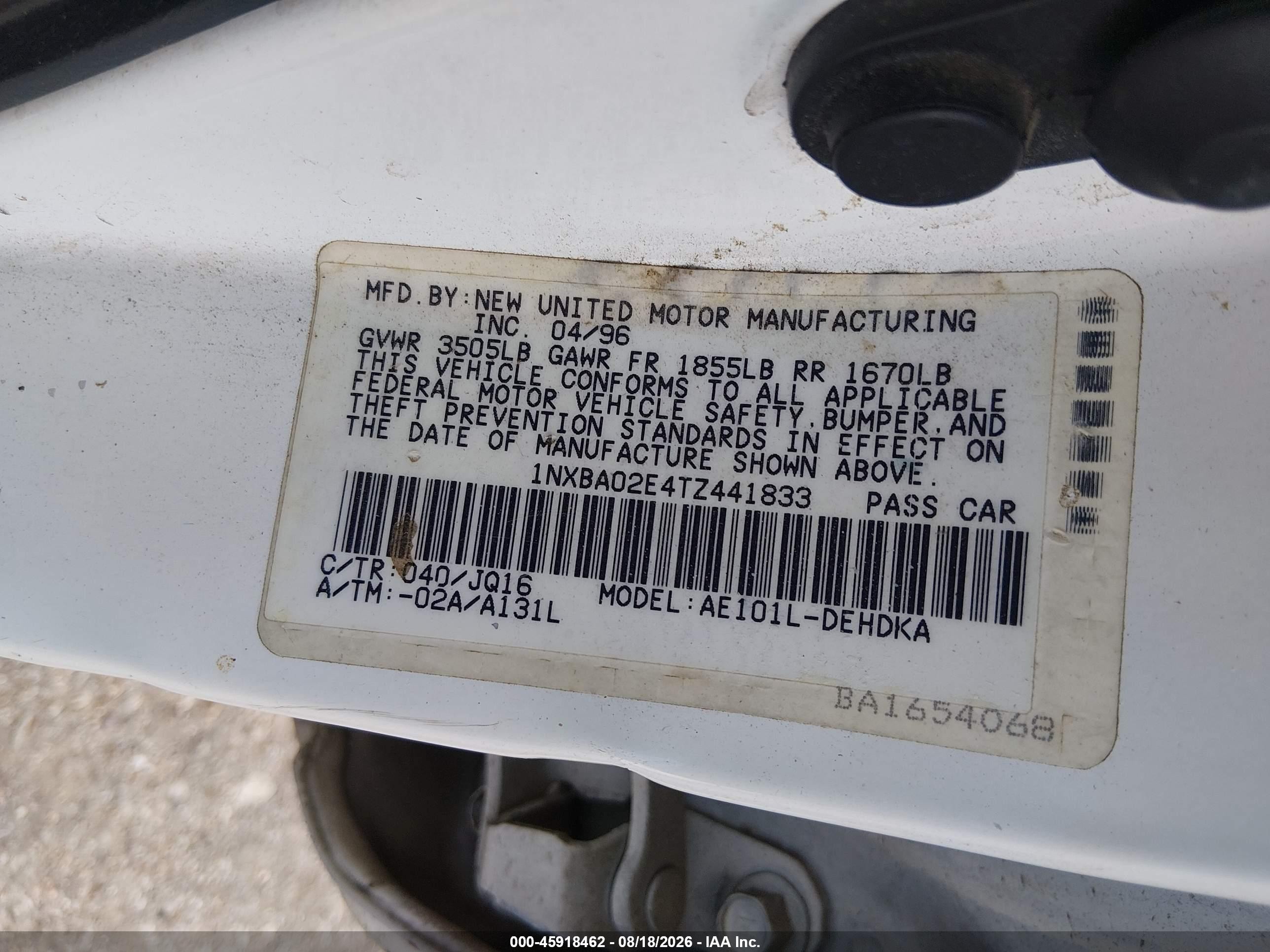 1996 Toyota Corolla   White vin: 1NXBA02E4TZ441833