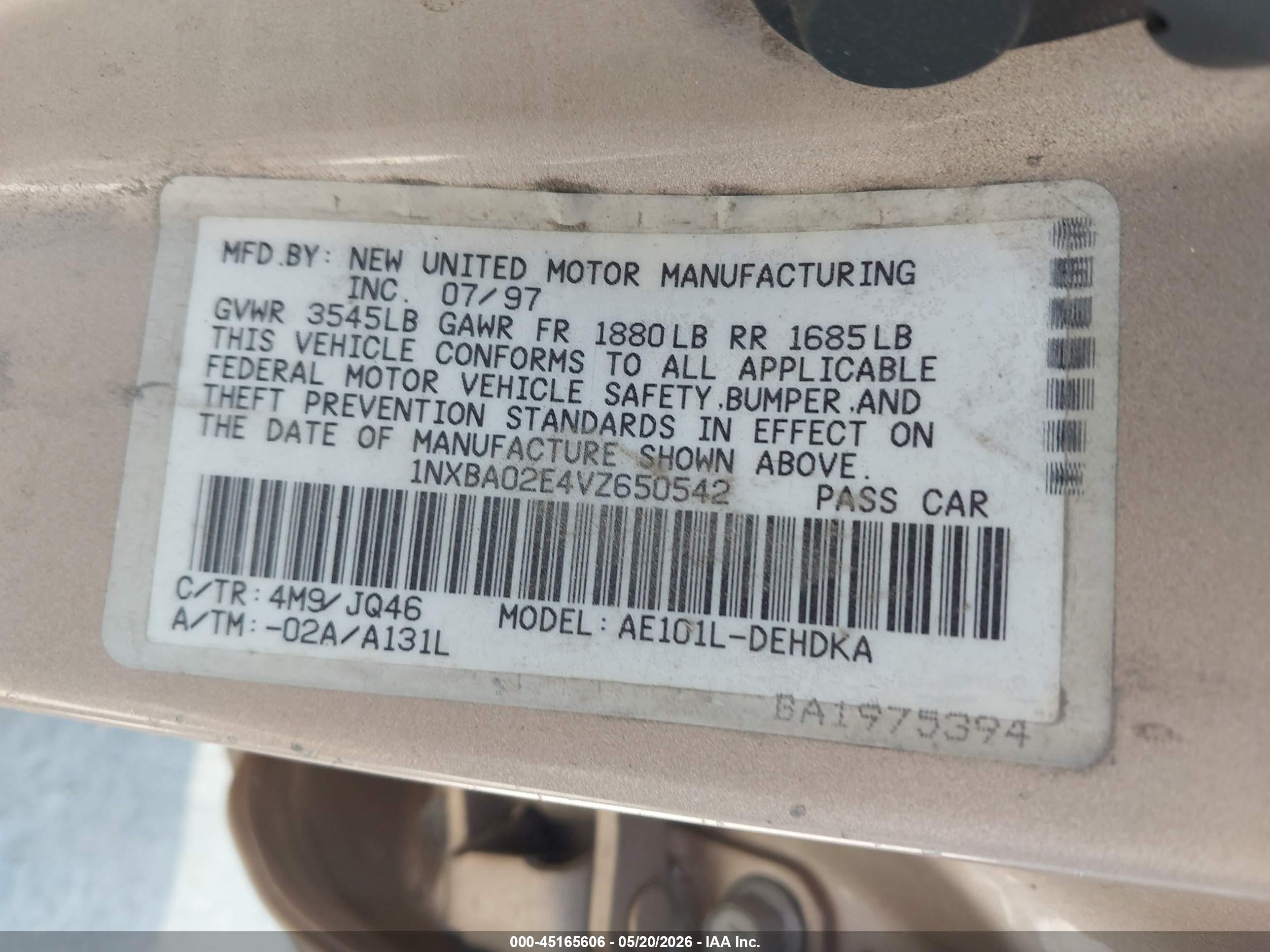 1997 Toyota Corolla Ce Beige vin: 1NXBA02E4VZ650542
