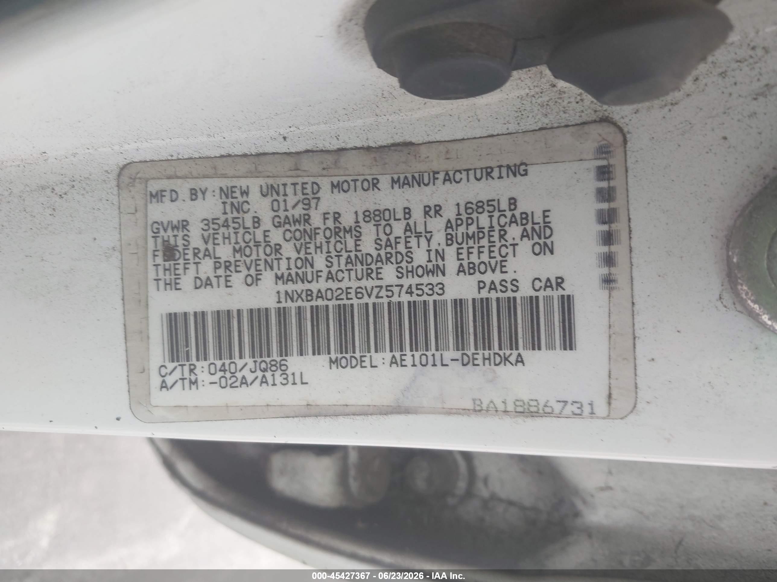 1997 Toyota Corolla Ce White vin: 1NXBA02E6VZ574533