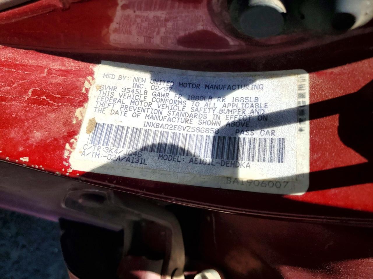 1997 Toyota Corolla Base Red vin: 1NXBA02E6VZ586858