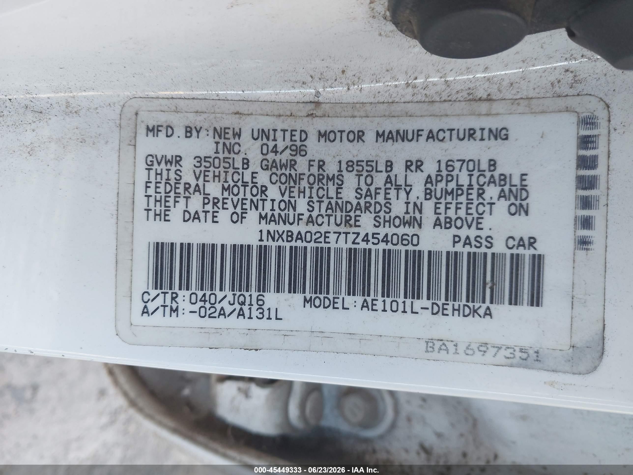 1996 Toyota Corolla   Белый vin: 1NXBA02E7TZ454060