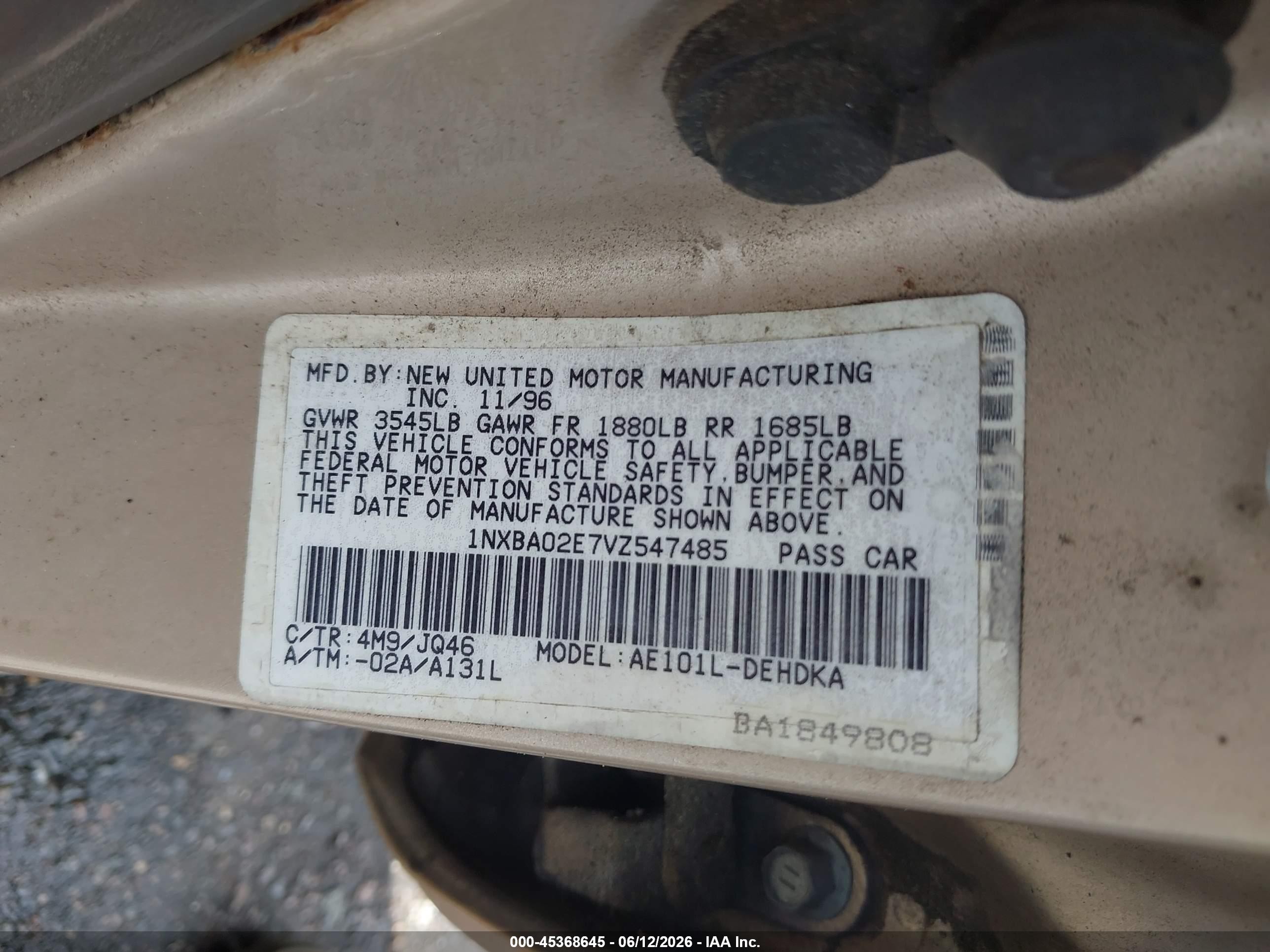 1997 Toyota Corolla Ce Silver vin: 1NXBA02E7VZ547485