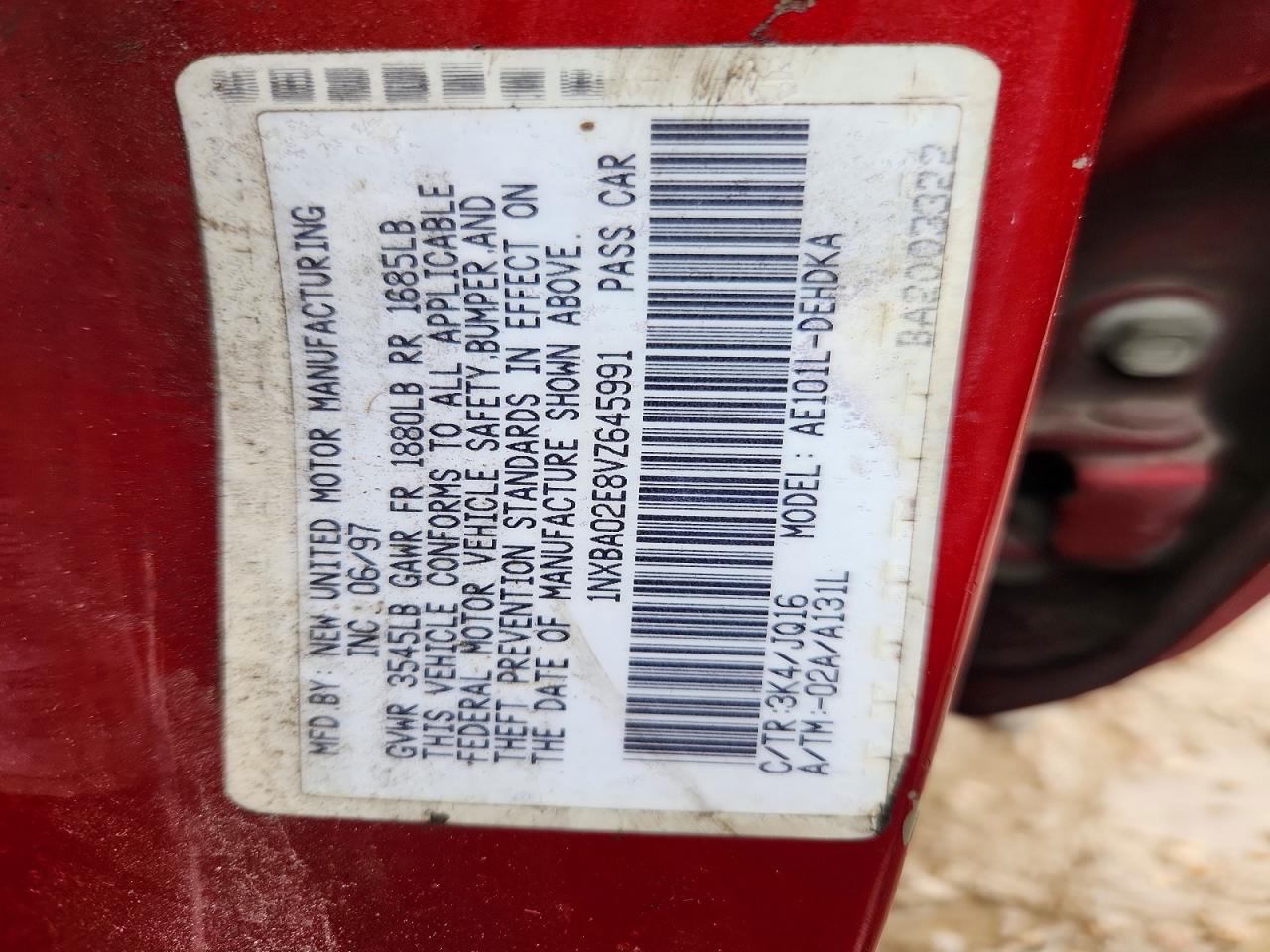 1997 Toyota Corolla Base Red vin: 1NXBA02E8VZ645991