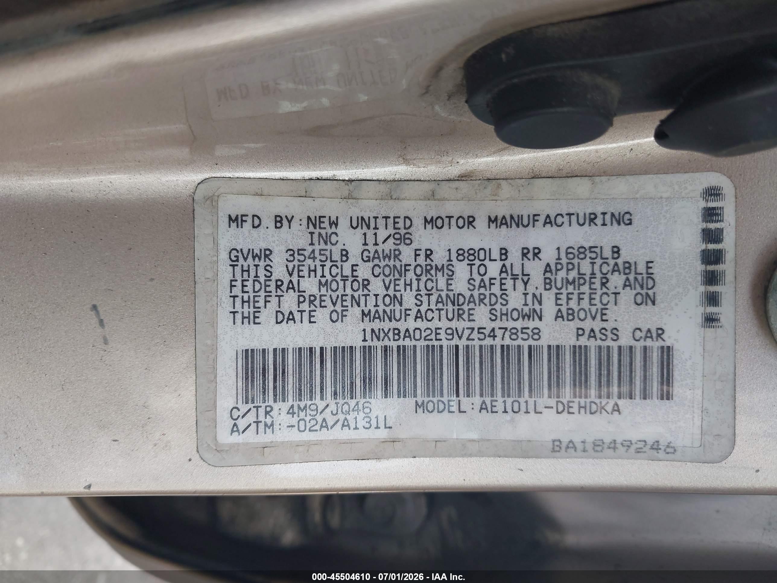 1997 Toyota Corolla Ce Gold vin: 1NXBA02E9VZ547858