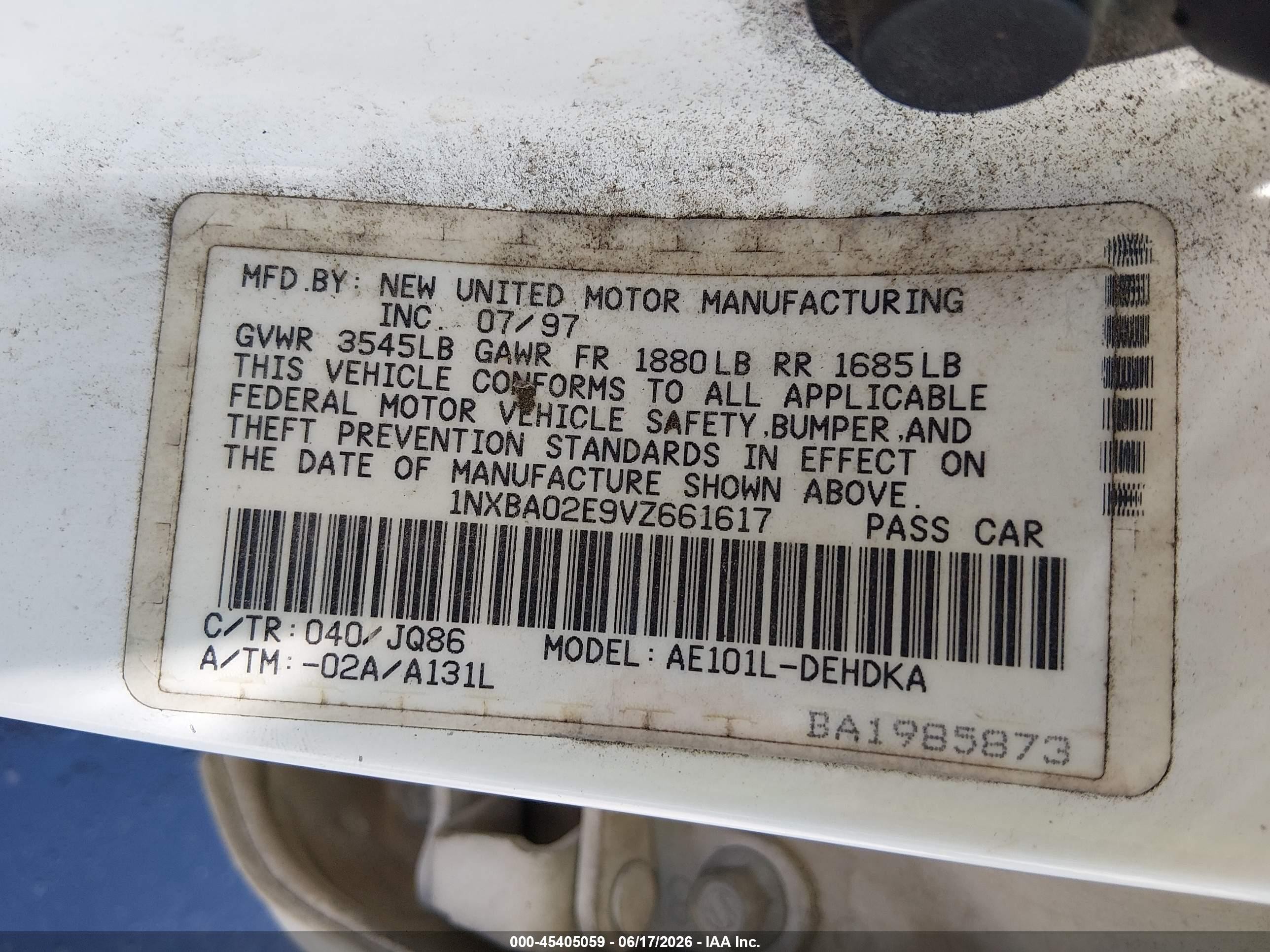 1997 Toyota Corolla Ce White vin: 1NXBA02E9VZ661617
