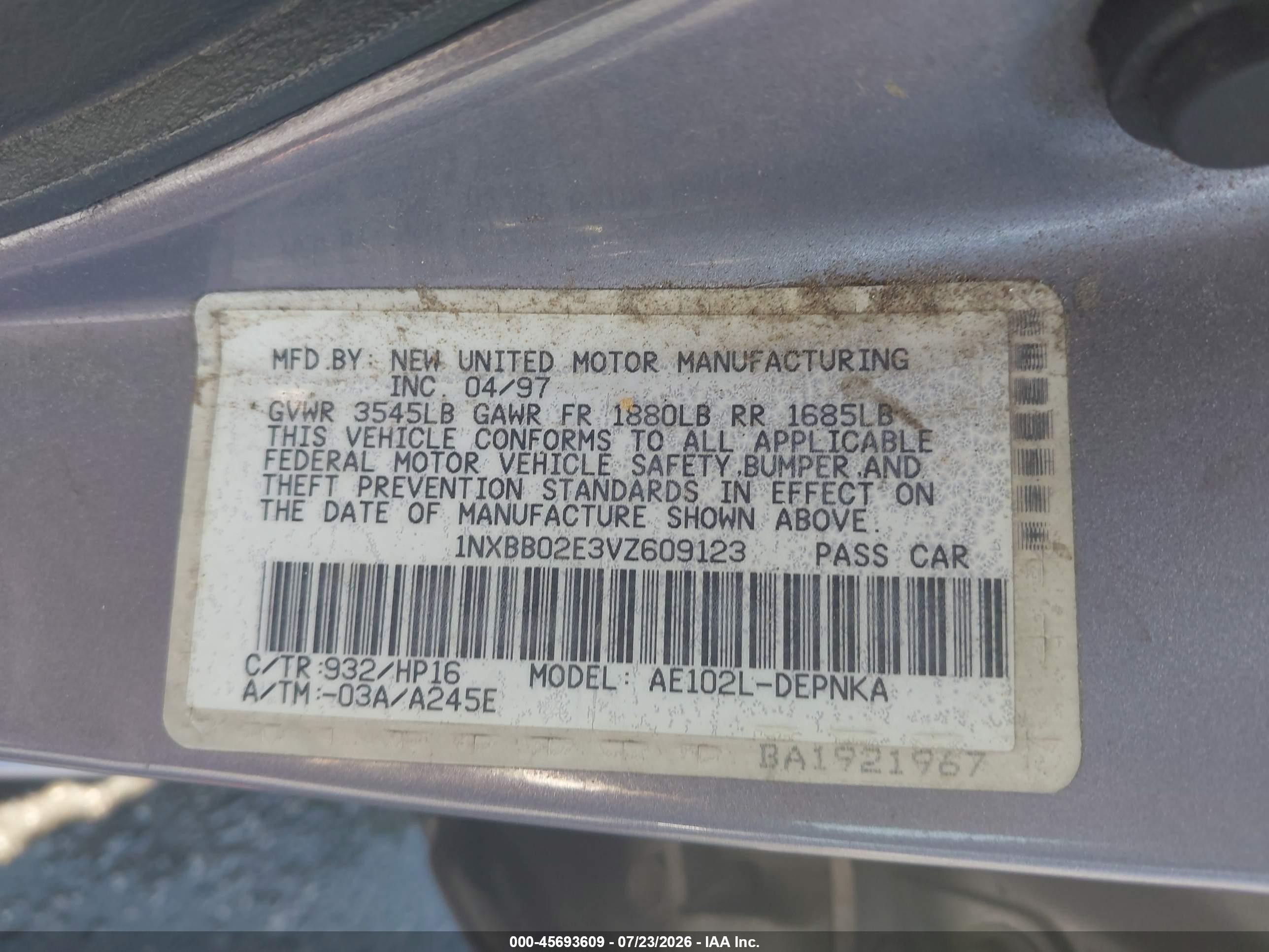 1997 Toyota Corolla Dx Silver vin: 1NXBB02E3VZ609123