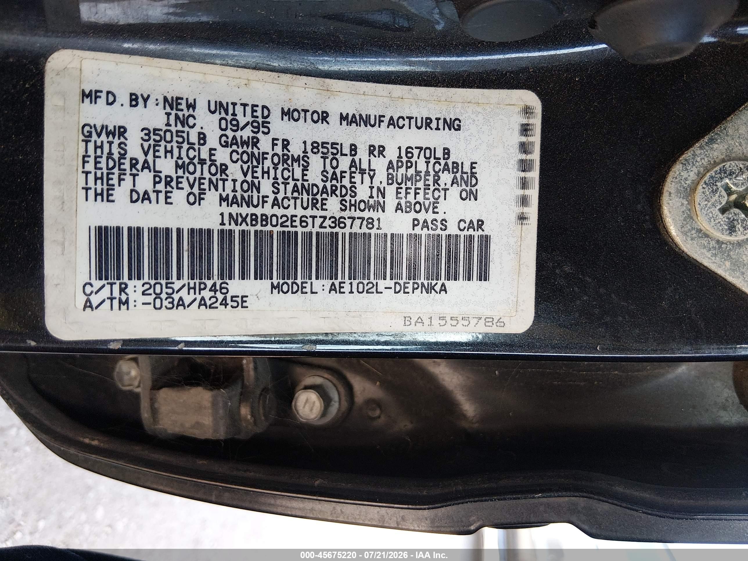 1996 Toyota Corolla Dx Black vin: 1NXBB02E6TZ367781