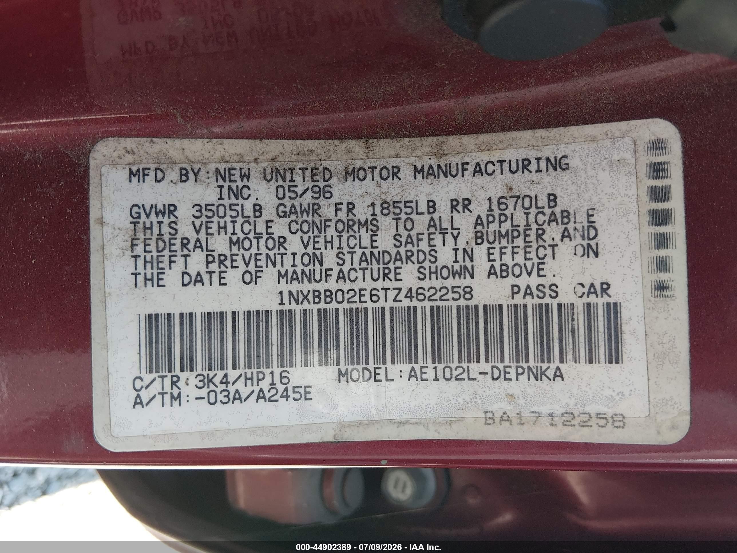 1996 Toyota Corolla Dx Red vin: 1NXBB02E6TZ462258