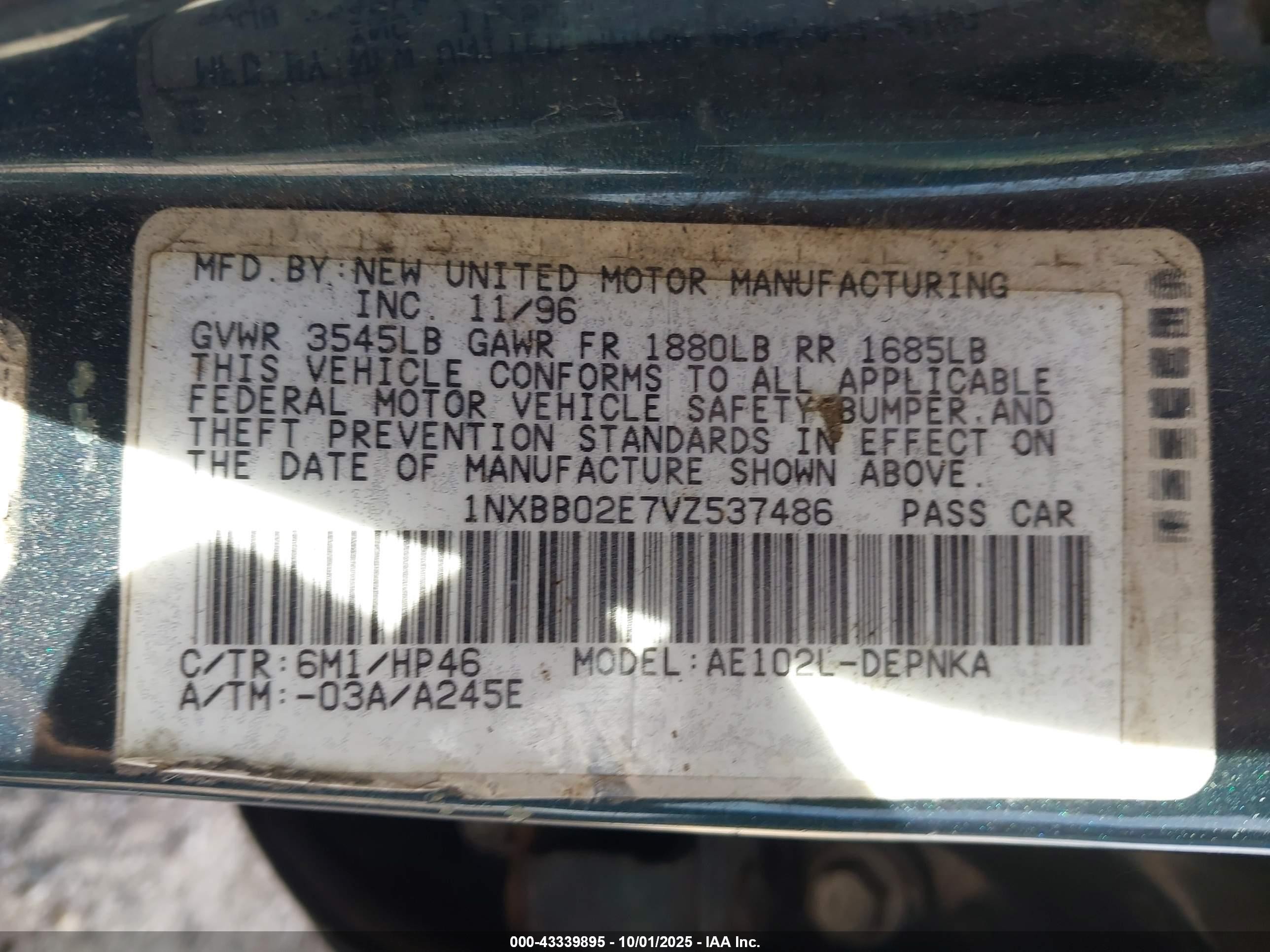 1997 Toyota Corolla Dx Dark Blue vin: 1NXBB02E7VZ537486