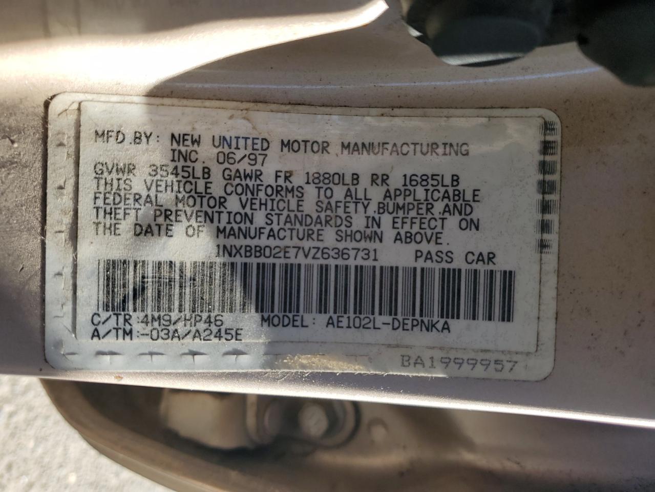 1997 Toyota Corolla Dx Tan vin: 1NXBB02E7VZ636731