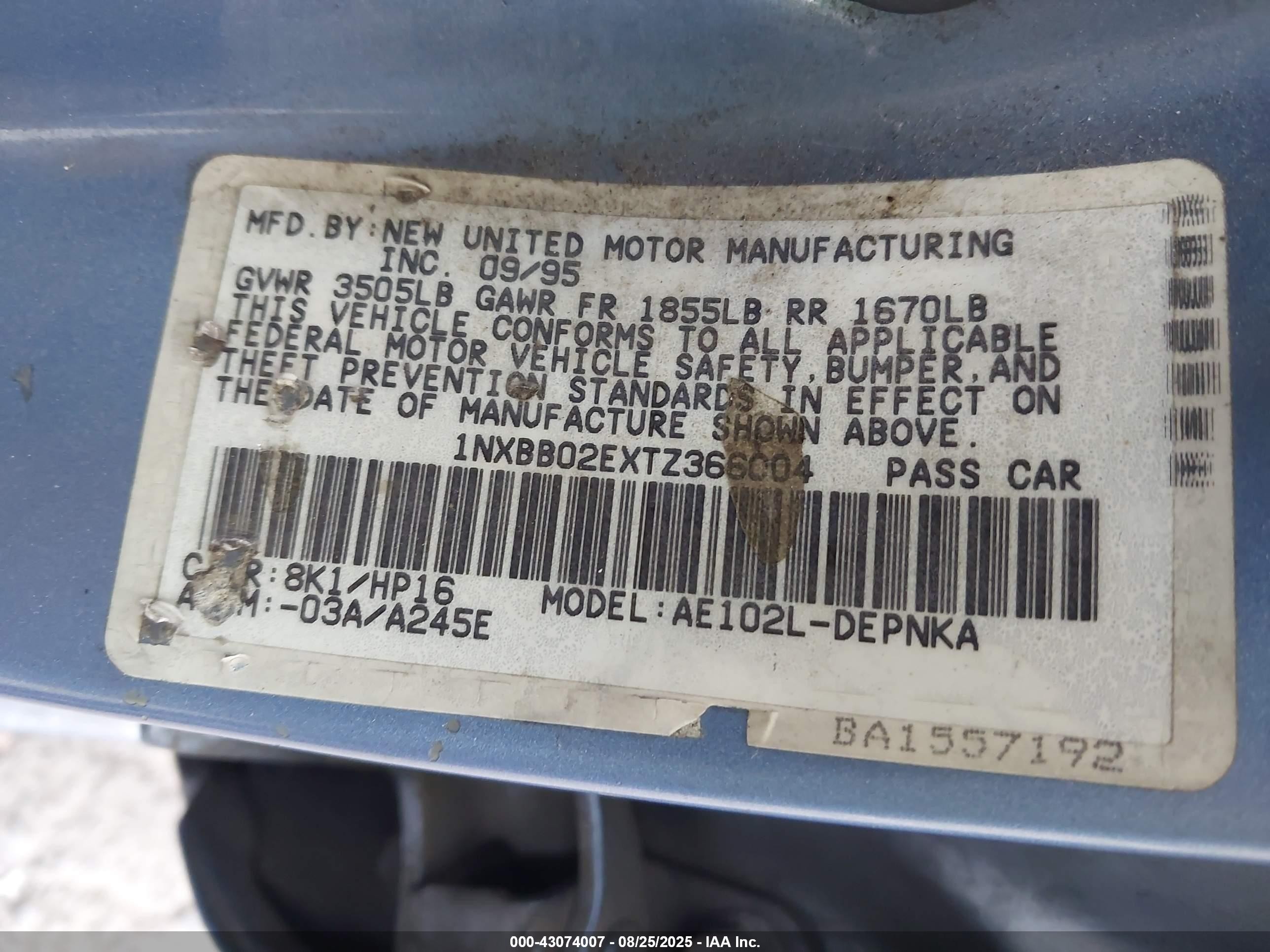1996 Toyota Corolla Dx Blue vin: 1NXBB02EXTZ366004