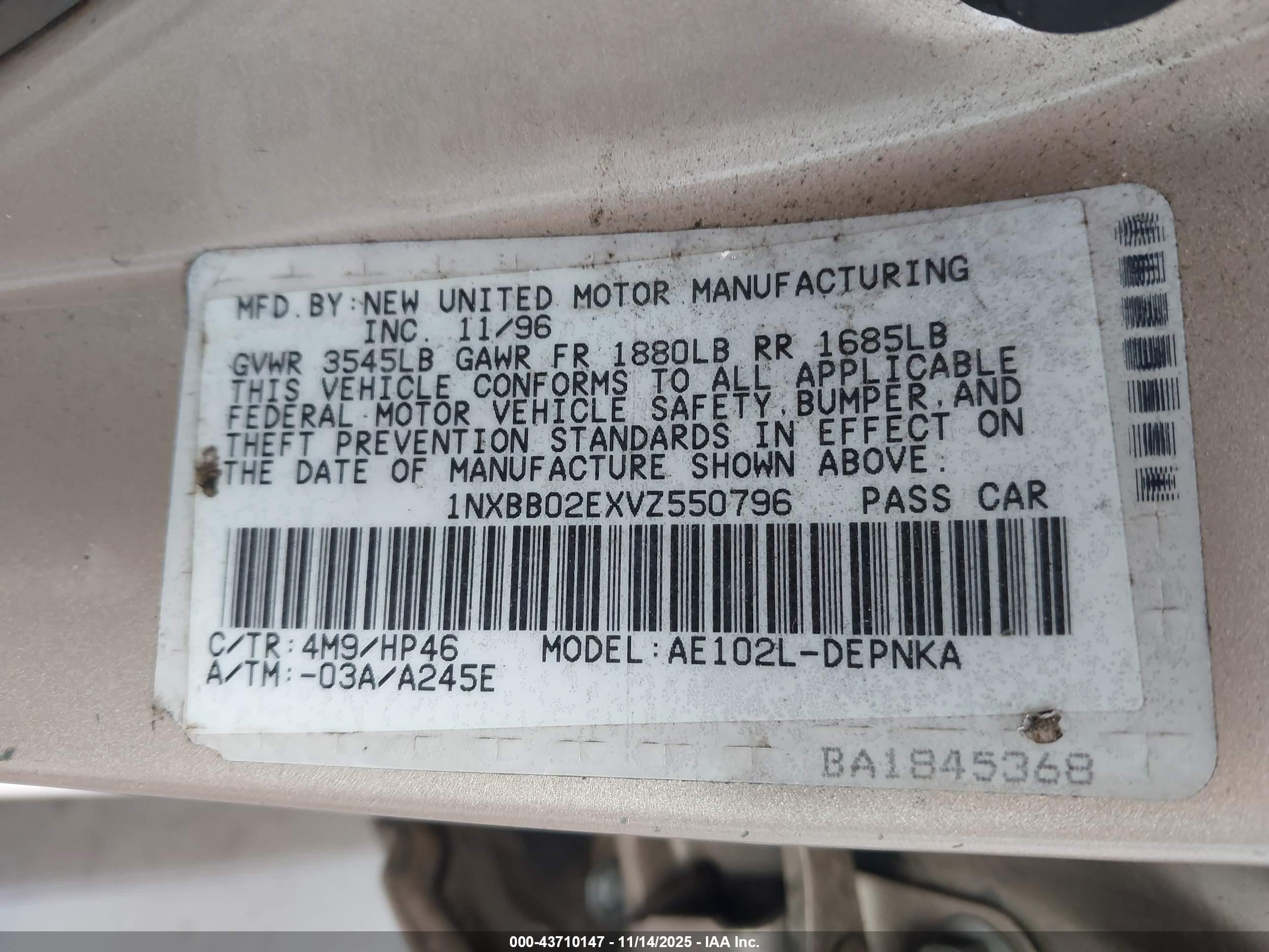 1997 Toyota Corolla Dx Gold vin: 1NXBB02EXVZ550796